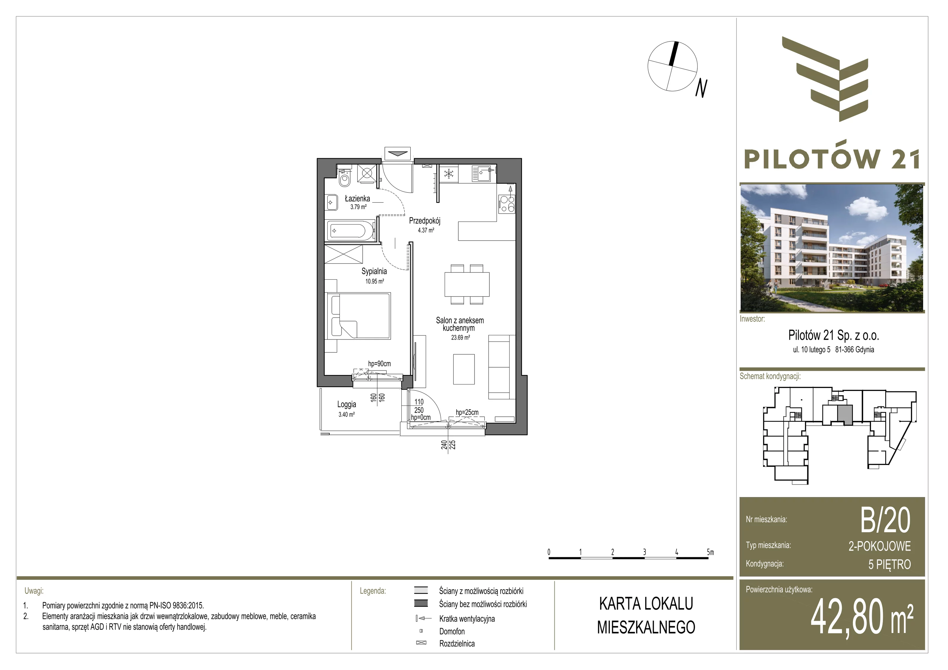 Mieszkanie 42,80 m², piętro 5, oferta nr B/20, Pilotów 21, Gdańsk, Zaspa, Zaspa-Młyniec, ul. Pilotów 21