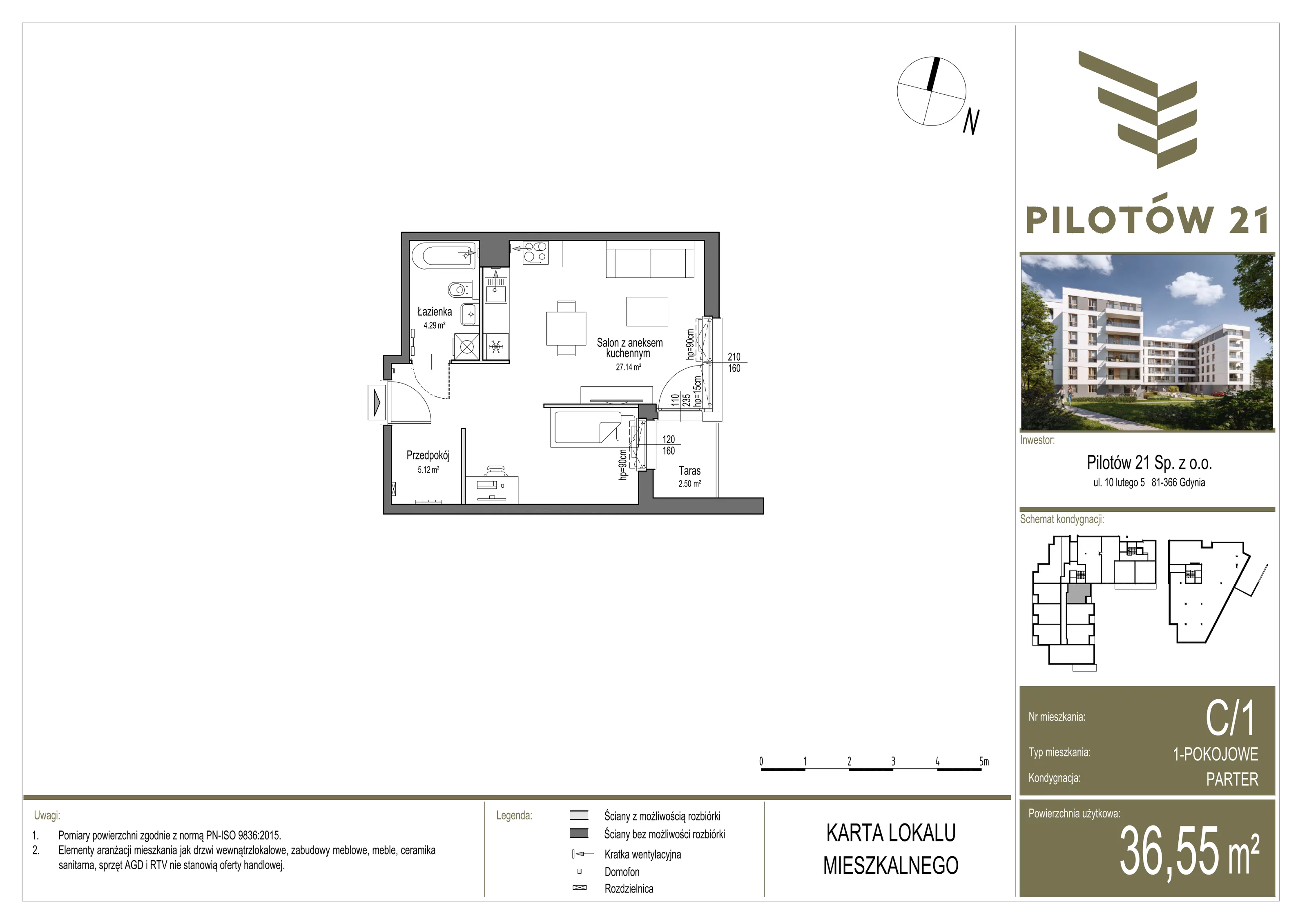 Mieszkanie 36,75 m², parter, oferta nr C/1, Pilotów 21, Gdańsk, Zaspa, Zaspa-Młyniec, ul. Pilotów 21