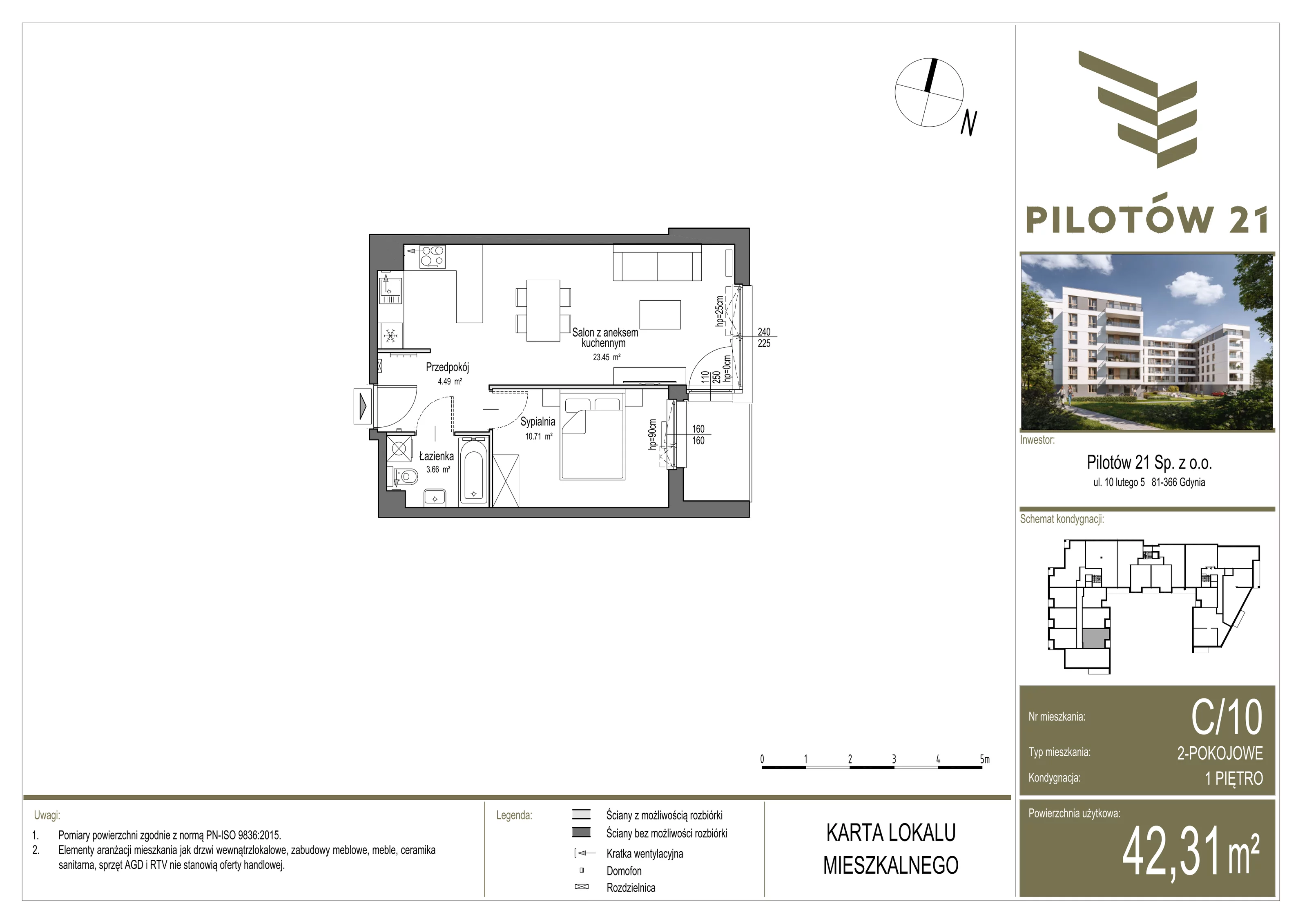 Mieszkanie 42,28 m², piętro 1, oferta nr C/10, Pilotów 21, Gdańsk, Zaspa, Zaspa-Młyniec, ul. Pilotów 21