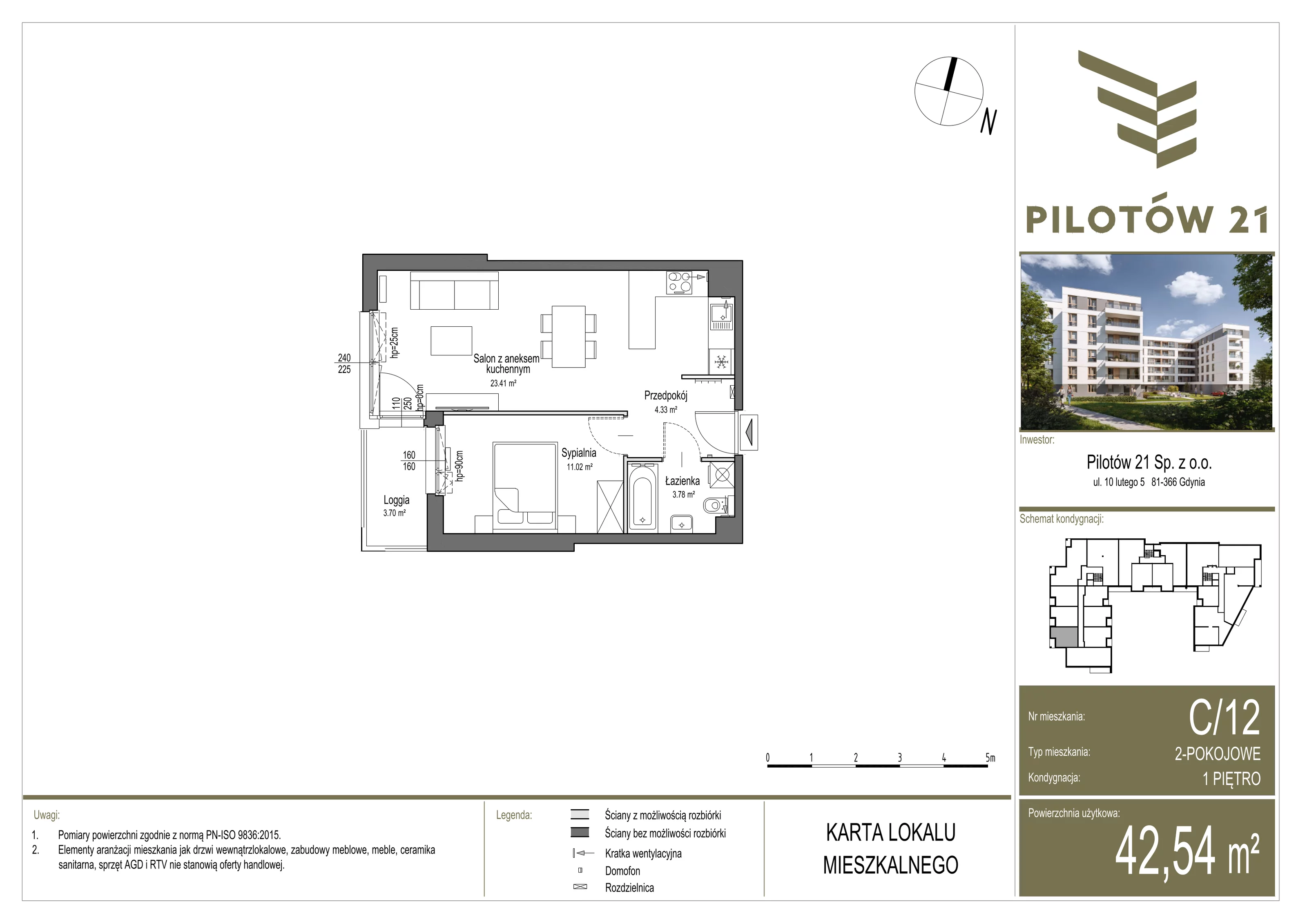 Mieszkanie 42,70 m², piętro 1, oferta nr C/12, Pilotów 21, Gdańsk, Zaspa, Zaspa-Młyniec, ul. Pilotów 21