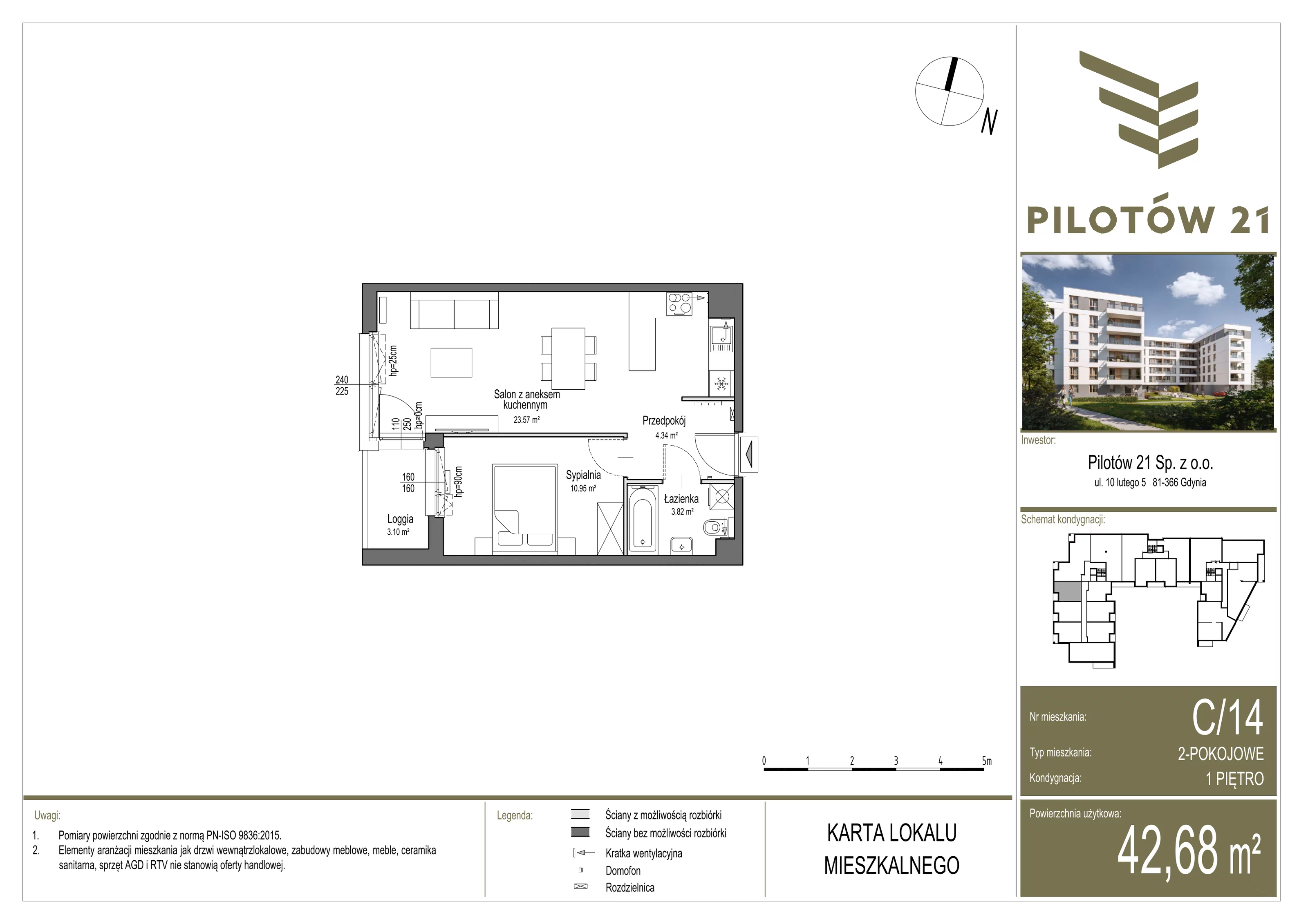 Mieszkanie 42,85 m², piętro 1, oferta nr C/14, Pilotów 21, Gdańsk, Zaspa, Zaspa-Młyniec, ul. Pilotów 21