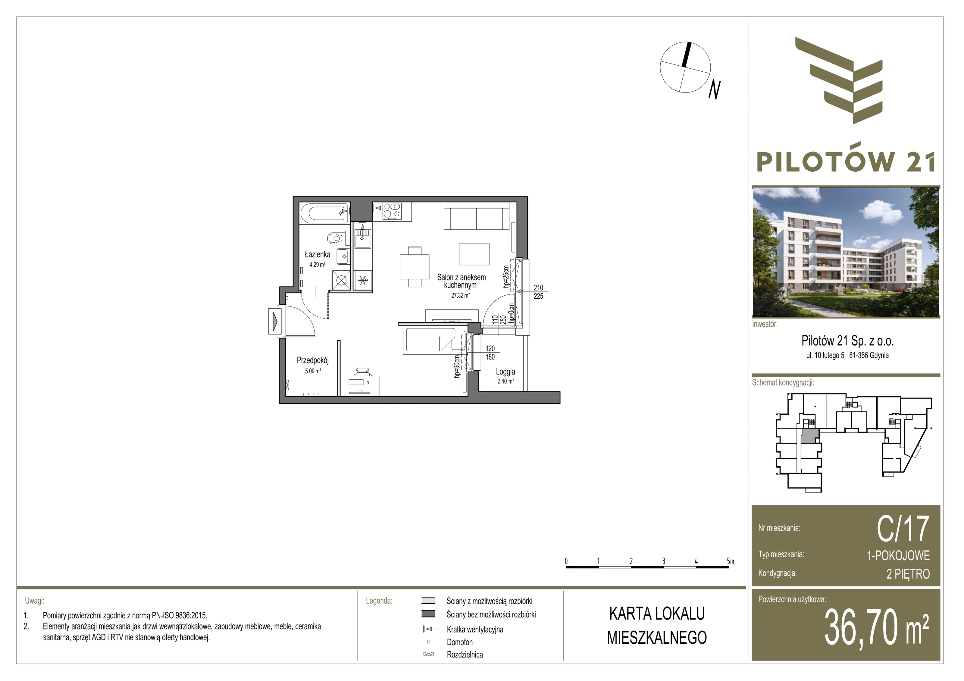 Mieszkanie 36,75 m², piętro 2, oferta nr C/17, Pilotów 21, Gdańsk, Zaspa, Zaspa-Młyniec, ul. Pilotów 21