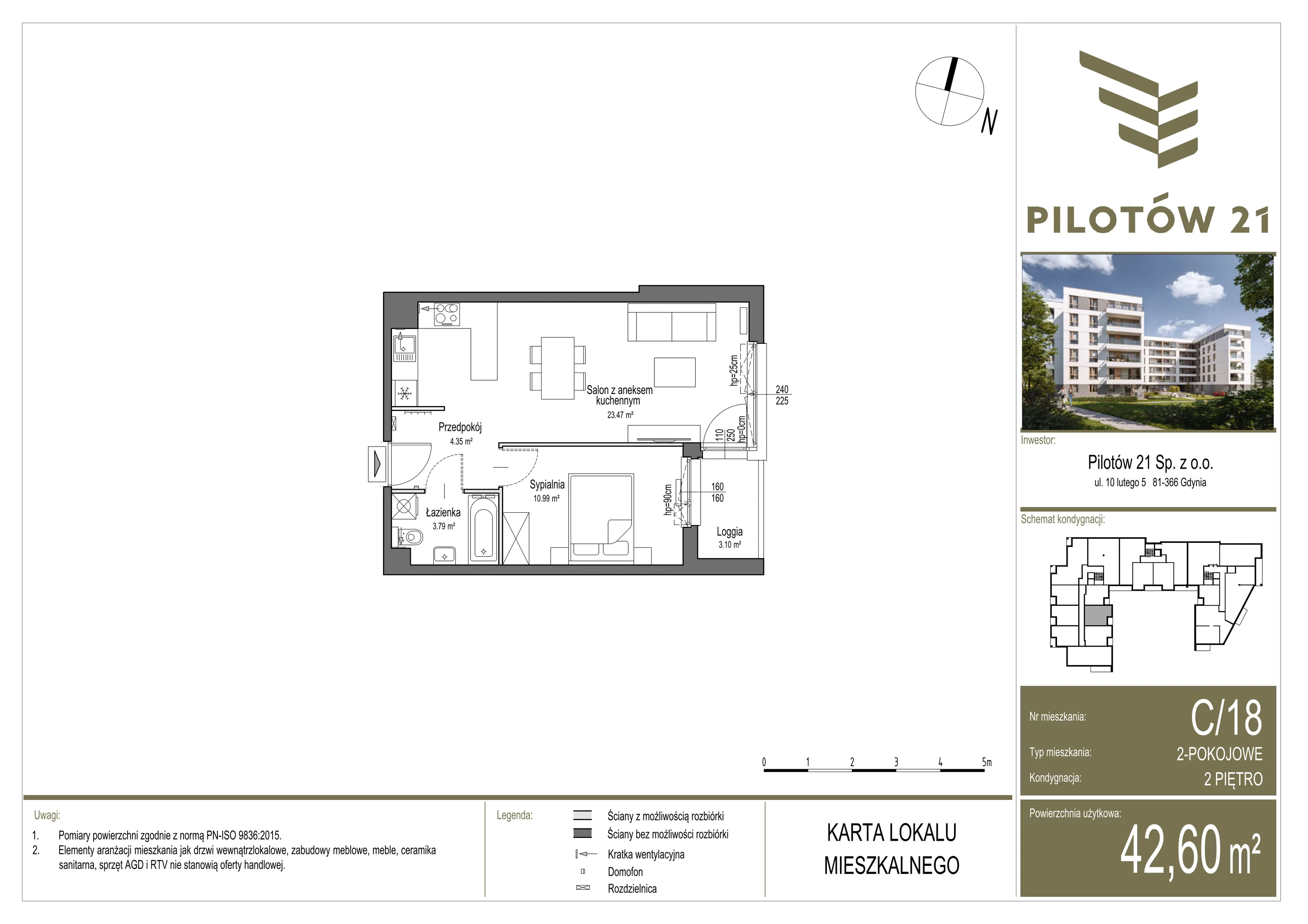 Mieszkanie 42,70 m², piętro 2, oferta nr C/18, Pilotów 21, Gdańsk, Zaspa, Zaspa-Młyniec, ul. Pilotów 21