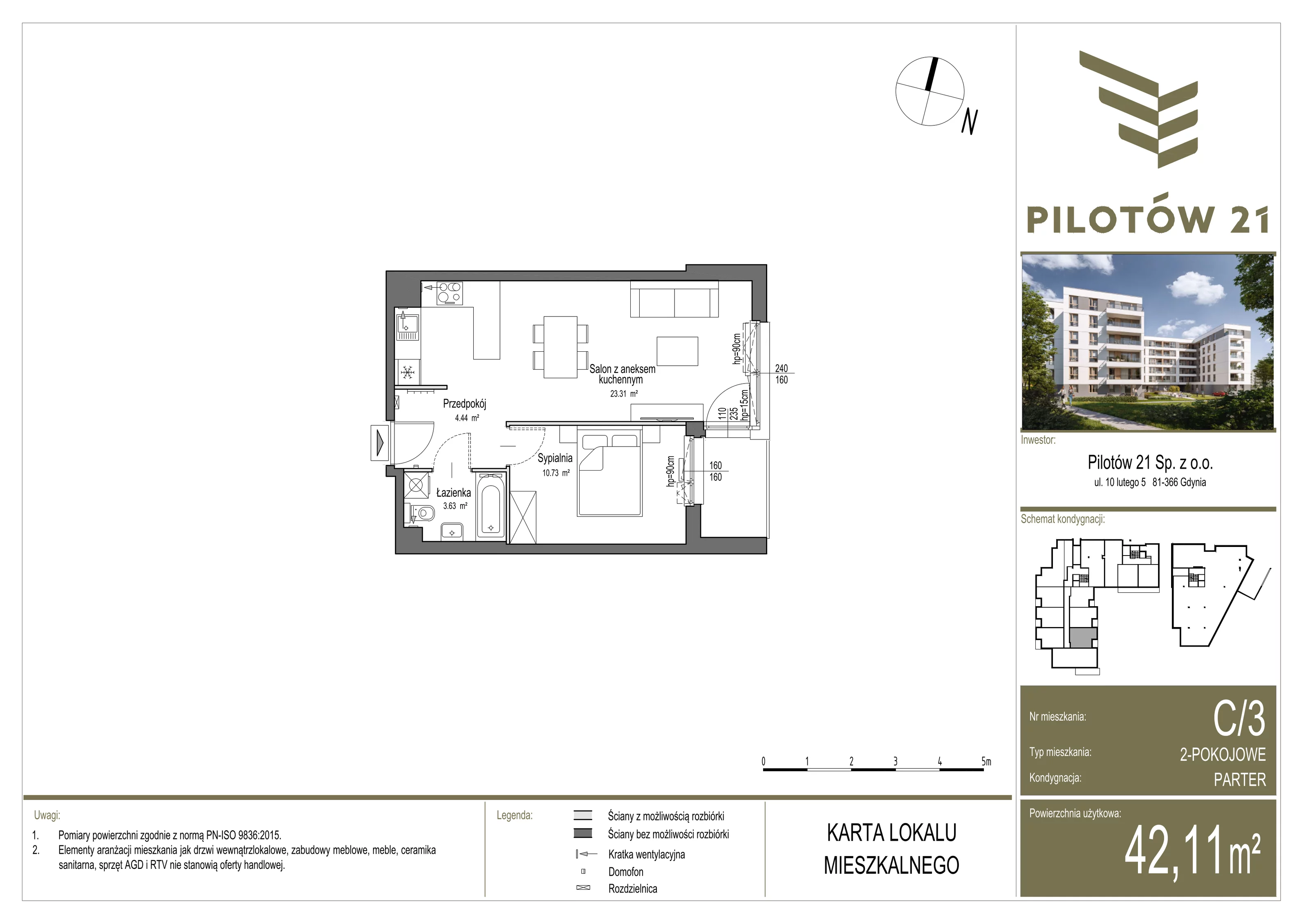 Mieszkanie 42,19 m², parter, oferta nr C/3, Pilotów 21, Gdańsk, Zaspa, Zaspa-Młyniec, ul. Pilotów 21