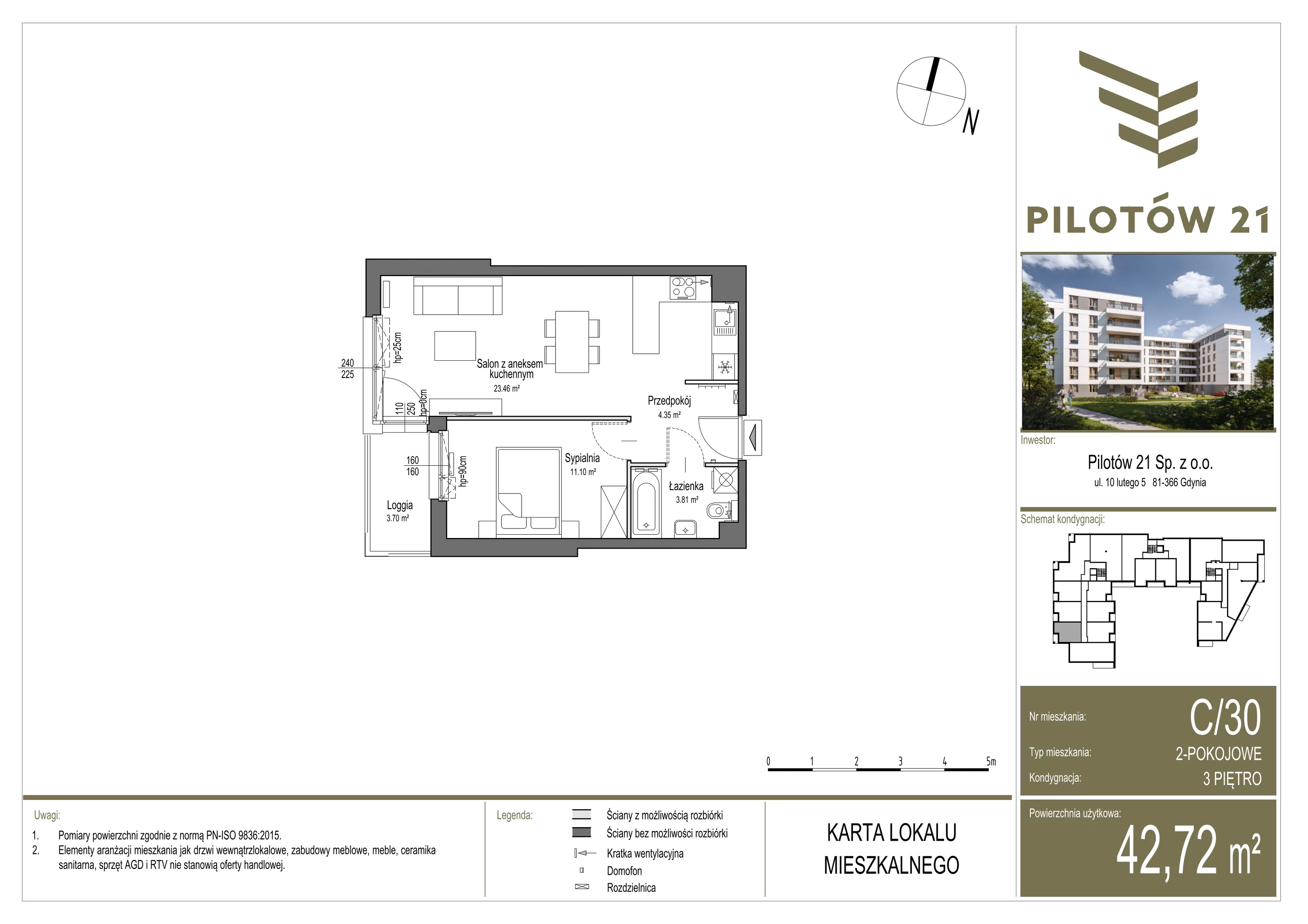 Mieszkanie 42,70 m², piętro 3, oferta nr C/30, Pilotów 21, Gdańsk, Zaspa, Zaspa-Młyniec, ul. Pilotów 21