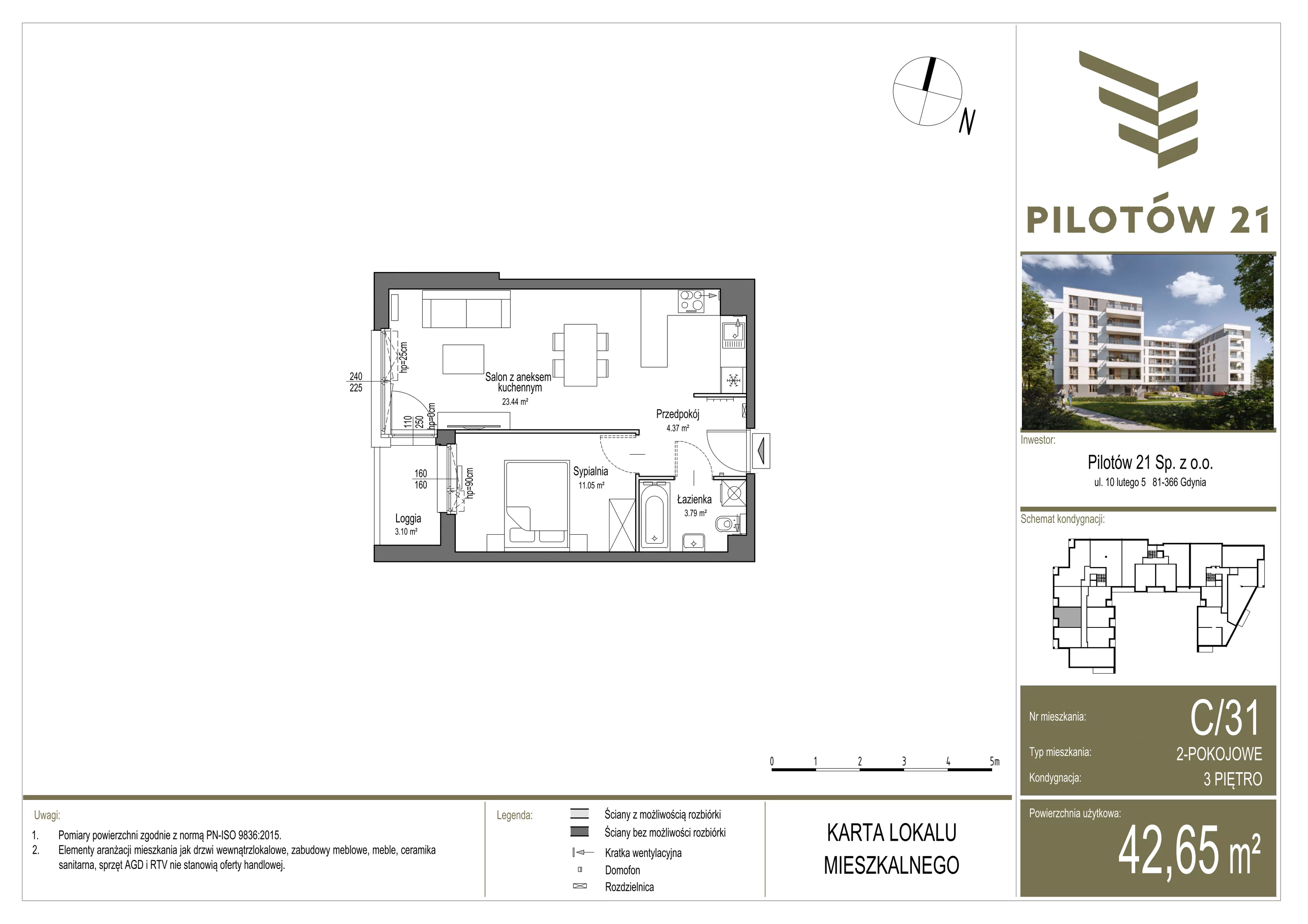 Mieszkanie 42,70 m², piętro 3, oferta nr C/31, Pilotów 21, Gdańsk, Zaspa, Zaspa-Młyniec, ul. Pilotów 21