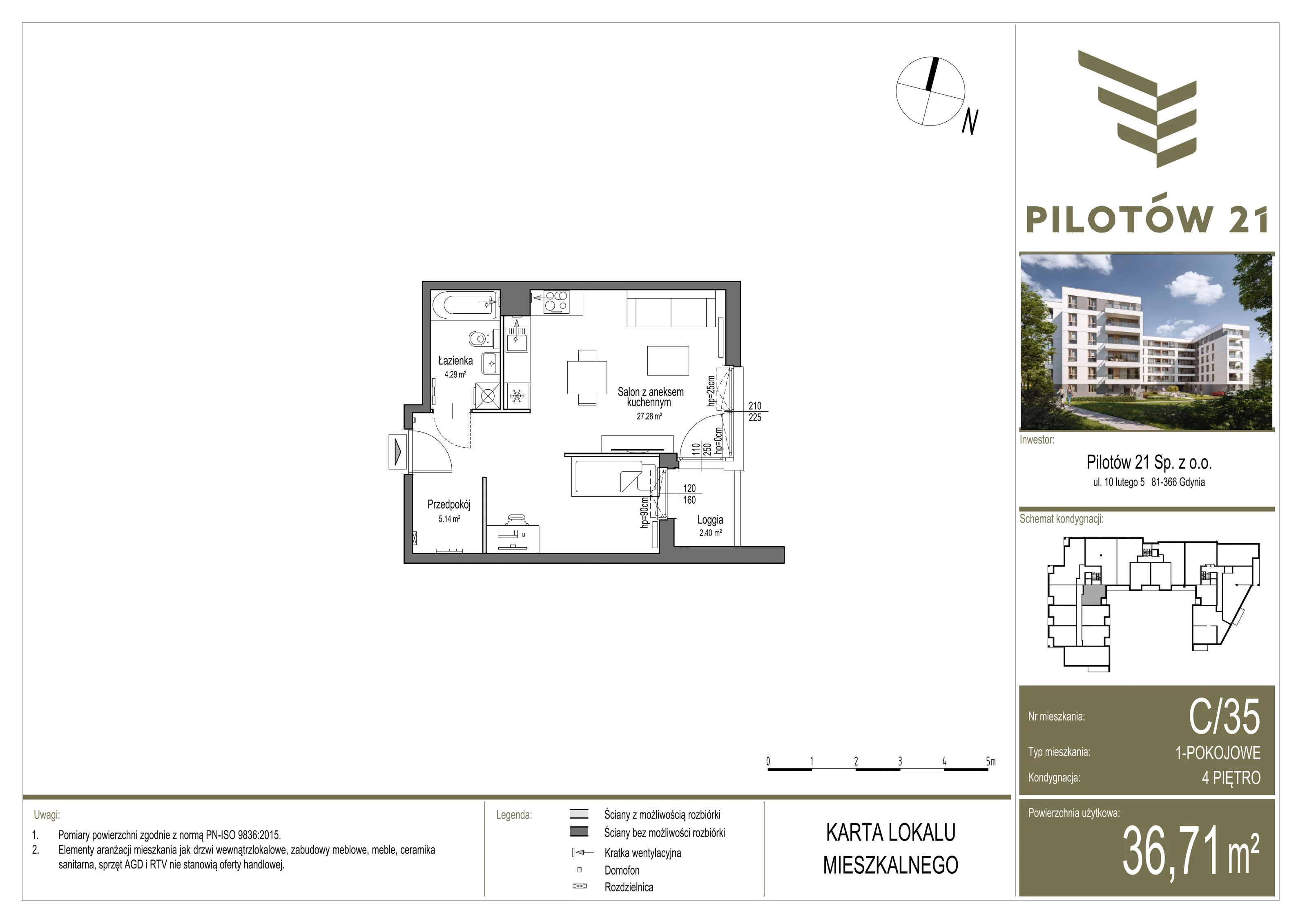 Mieszkanie 36,75 m², piętro 4, oferta nr C/35, Pilotów 21, Gdańsk, Zaspa, Zaspa-Młyniec, ul. Pilotów 21