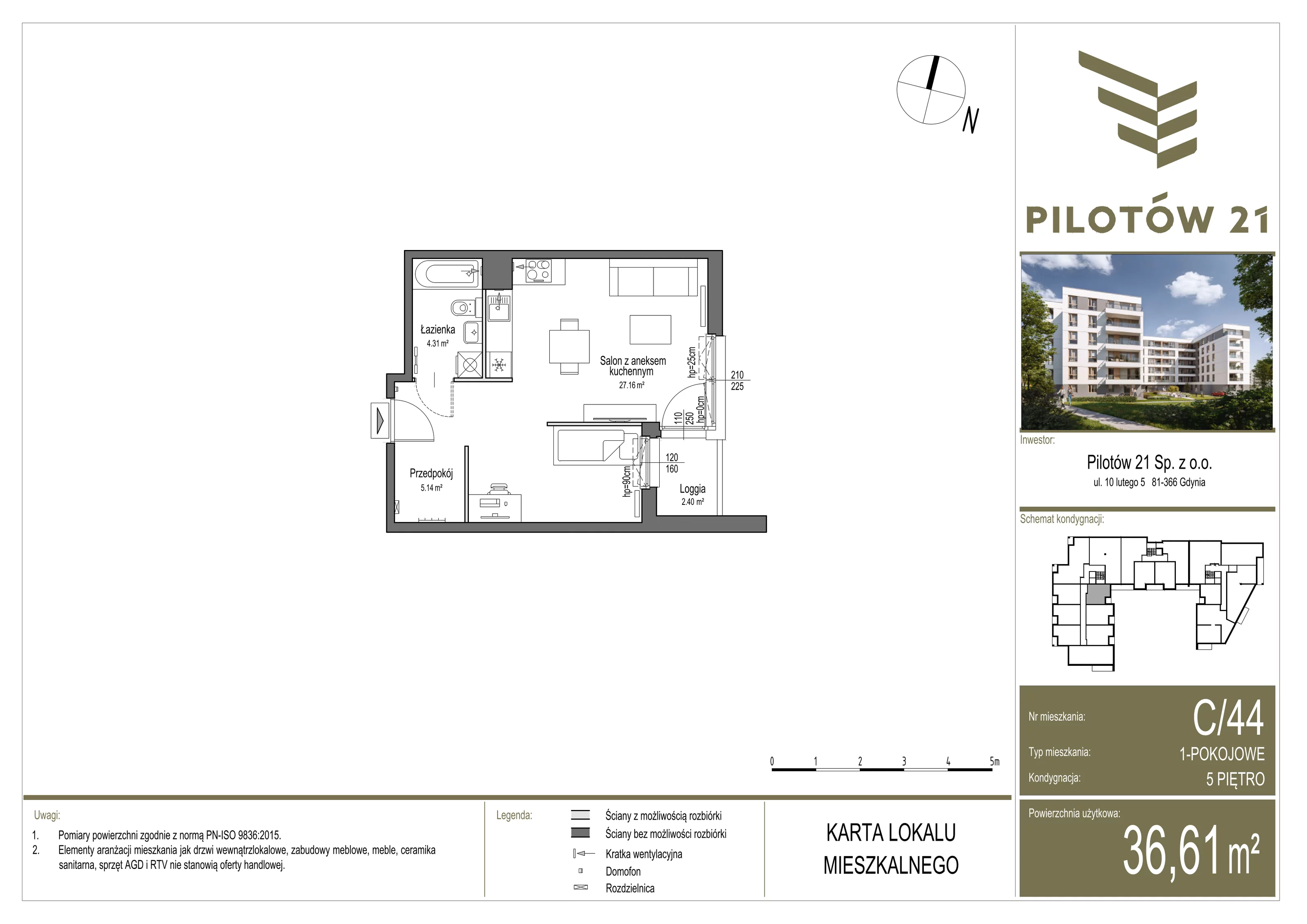 Mieszkanie 36,69 m², piętro 5, oferta nr C/44, Pilotów 21, Gdańsk, Zaspa, Zaspa-Młyniec, ul. Pilotów 21