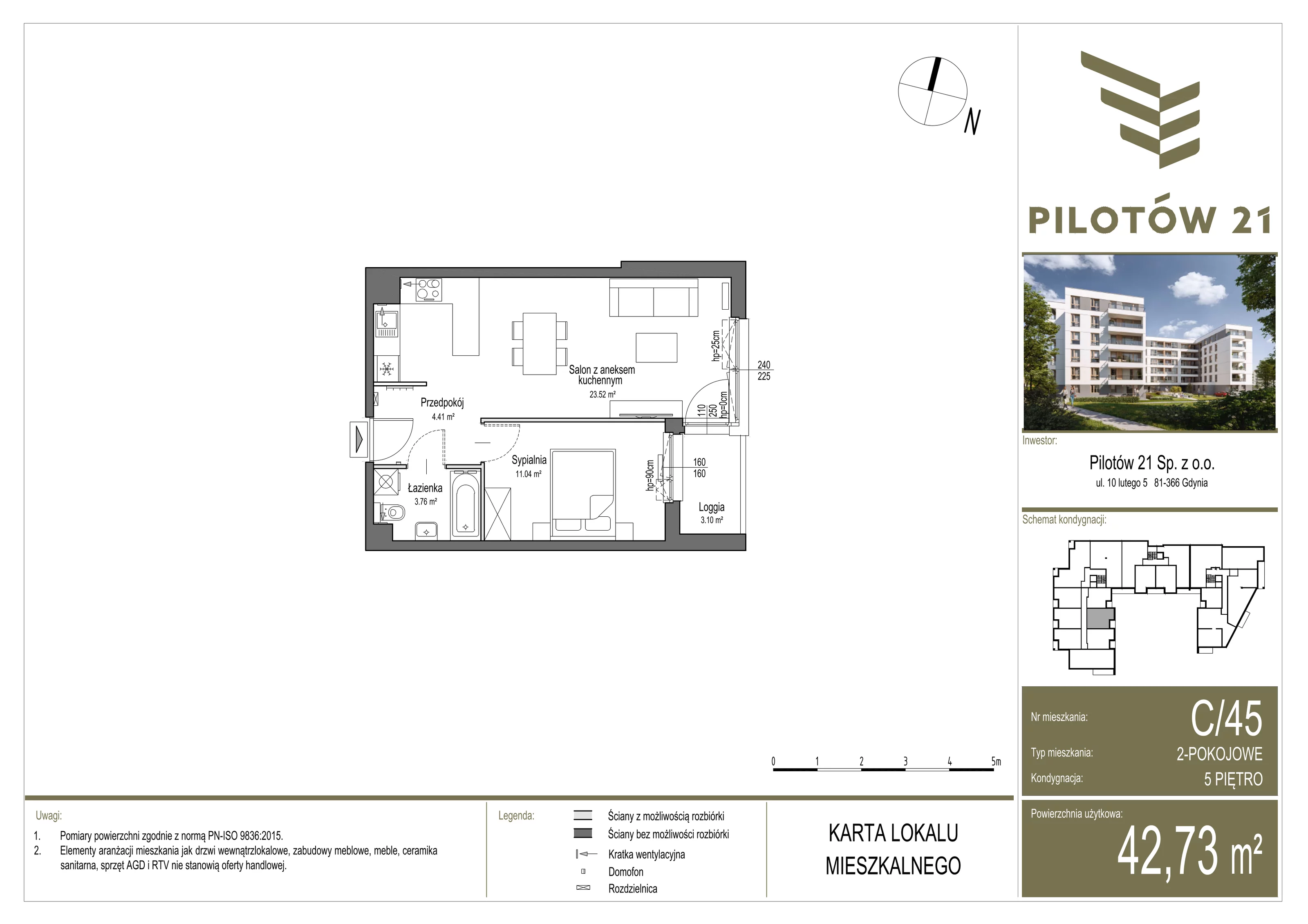 Mieszkanie 42,70 m², piętro 5, oferta nr C/45, Pilotów 21, Gdańsk, Zaspa, Zaspa-Młyniec, ul. Pilotów 21