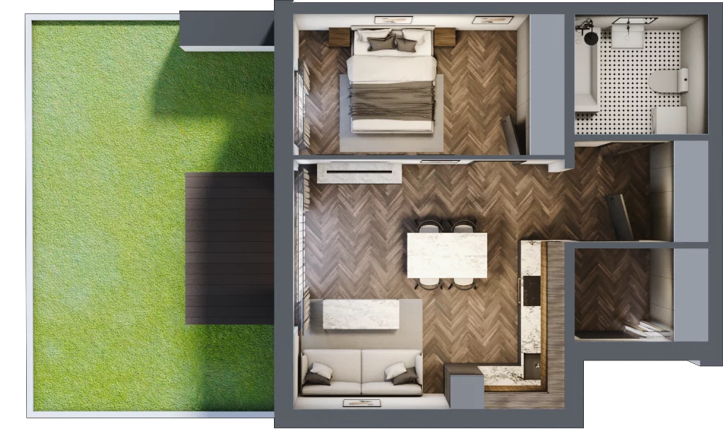 2 pokoje, mieszkanie 46,29 m², parter, oferta nr B2.1, Tarasy Moderno, Kraków, Łagiewniki-Borek Fałęcki, ul. Zbrojarzy