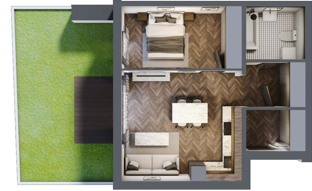 2 pokoje, mieszkanie 46,29 m², parter, oferta nr B4.1, Tarasy Moderno, Kraków, Łagiewniki-Borek Fałęcki, ul. Zbrojarzy