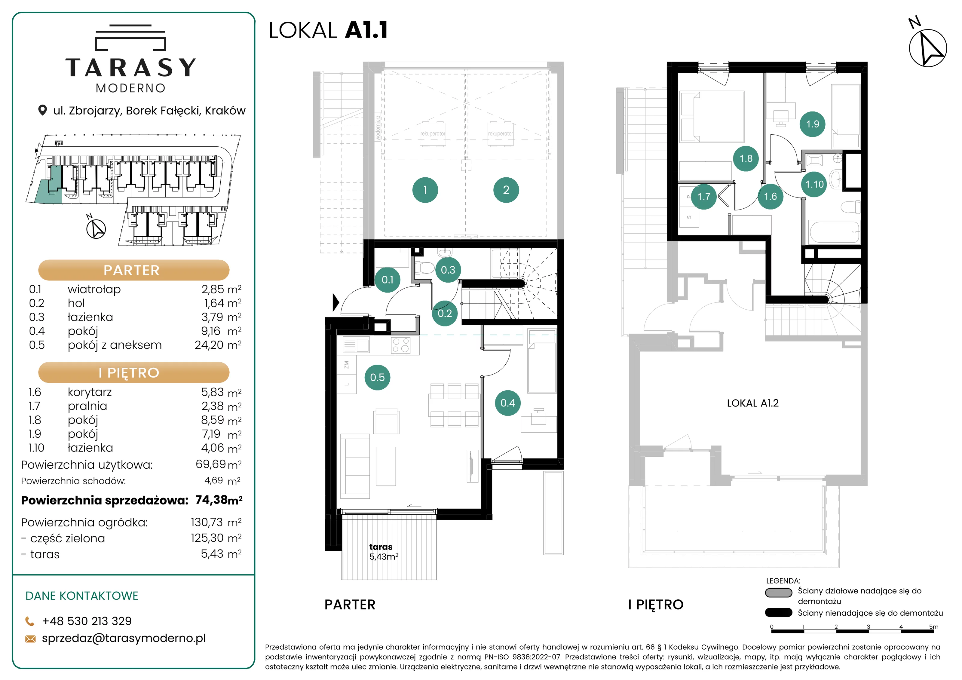 4 pokoje, mieszkanie 74,38 m², parter, oferta nr A1.1, Tarasy Moderno, Kraków, Łagiewniki-Borek Fałęcki, ul. Zbrojarzy