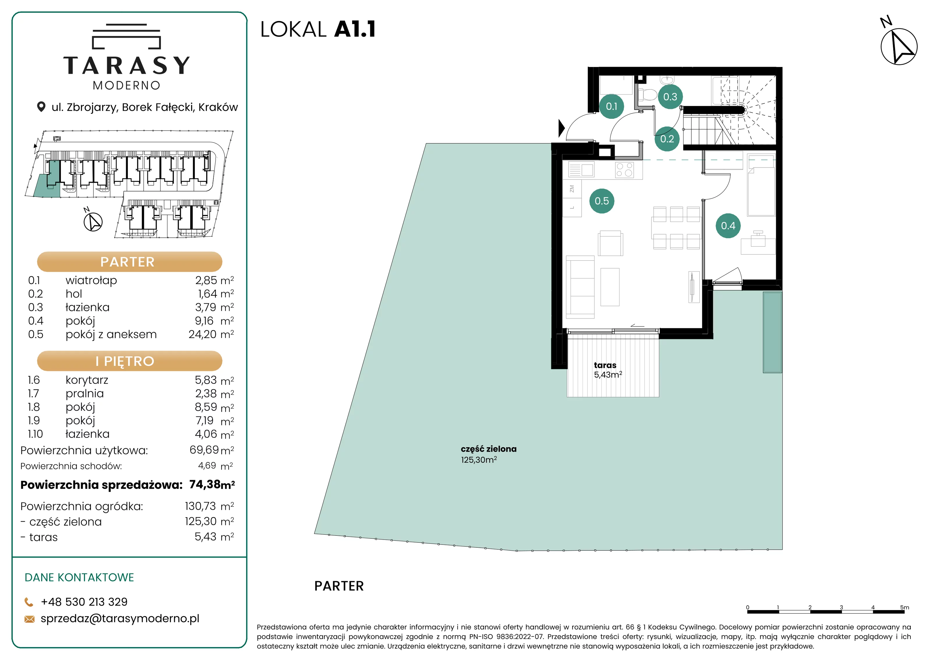 4 pokoje, mieszkanie 74,38 m², parter, oferta nr A1.1, Tarasy Moderno, Kraków, Łagiewniki-Borek Fałęcki, ul. Zbrojarzy