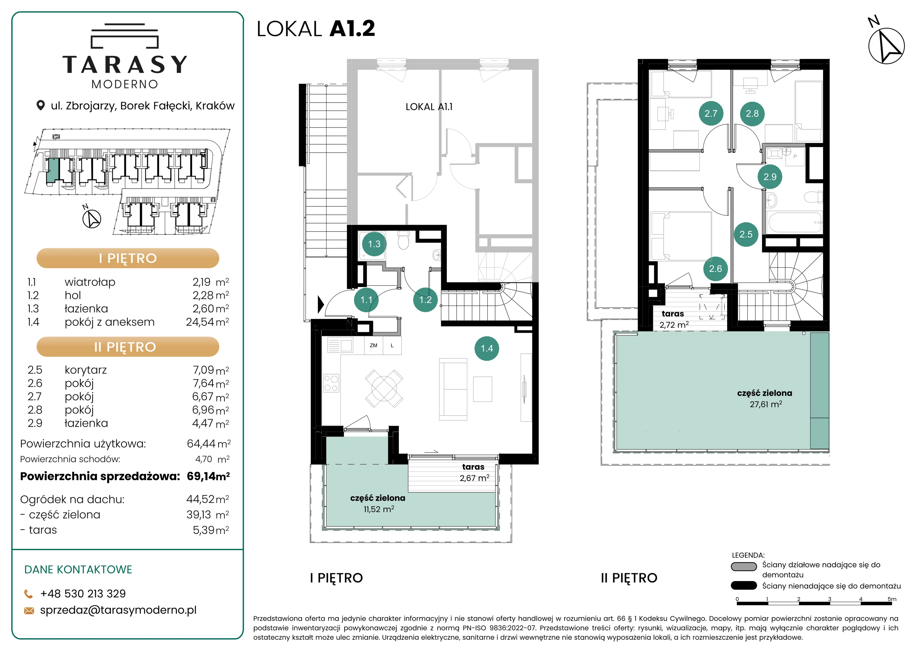 4 pokoje, mieszkanie 69,14 m², piętro 1, oferta nr A1.2, Tarasy Moderno, Kraków, Łagiewniki-Borek Fałęcki, ul. Zbrojarzy