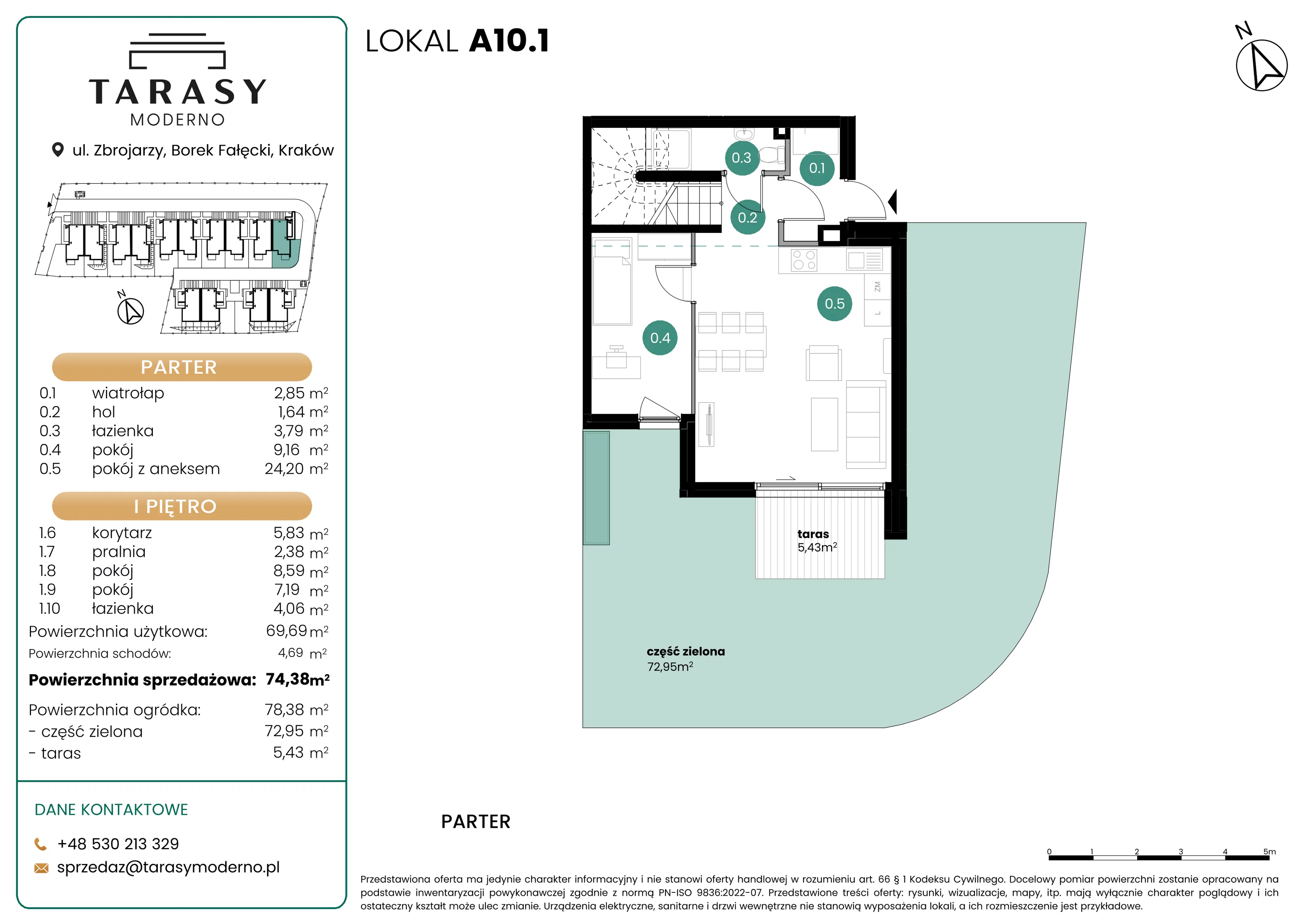 4 pokoje, mieszkanie 74,38 m², parter, oferta nr A10.1, Tarasy Moderno, Kraków, Łagiewniki-Borek Fałęcki, ul. Zbrojarzy