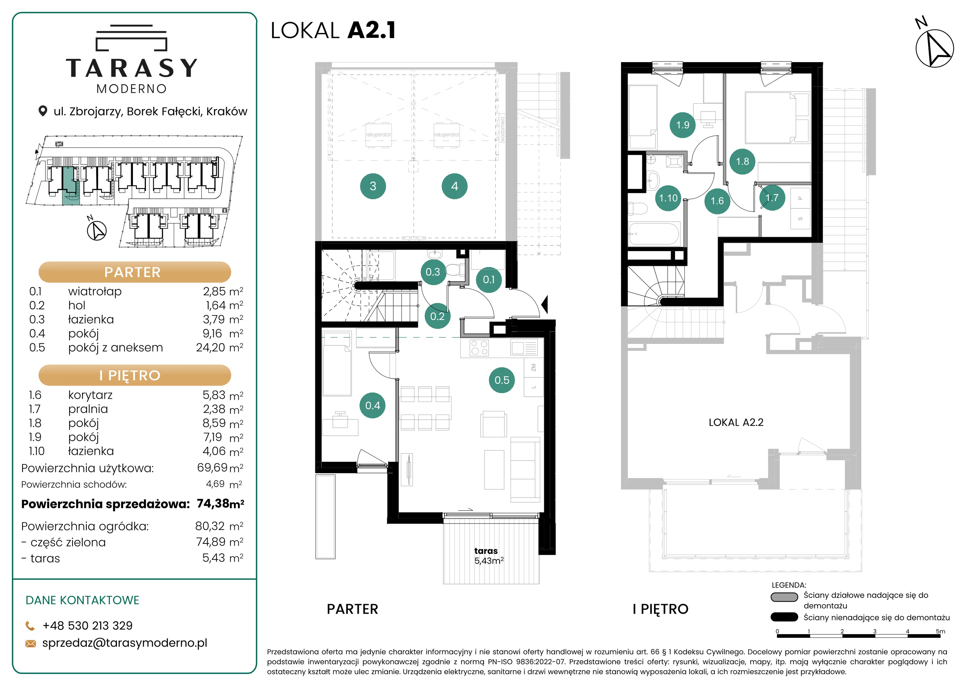 4 pokoje, mieszkanie 74,38 m², parter, oferta nr A2.1, Tarasy Moderno, Kraków, Łagiewniki-Borek Fałęcki, ul. Zbrojarzy