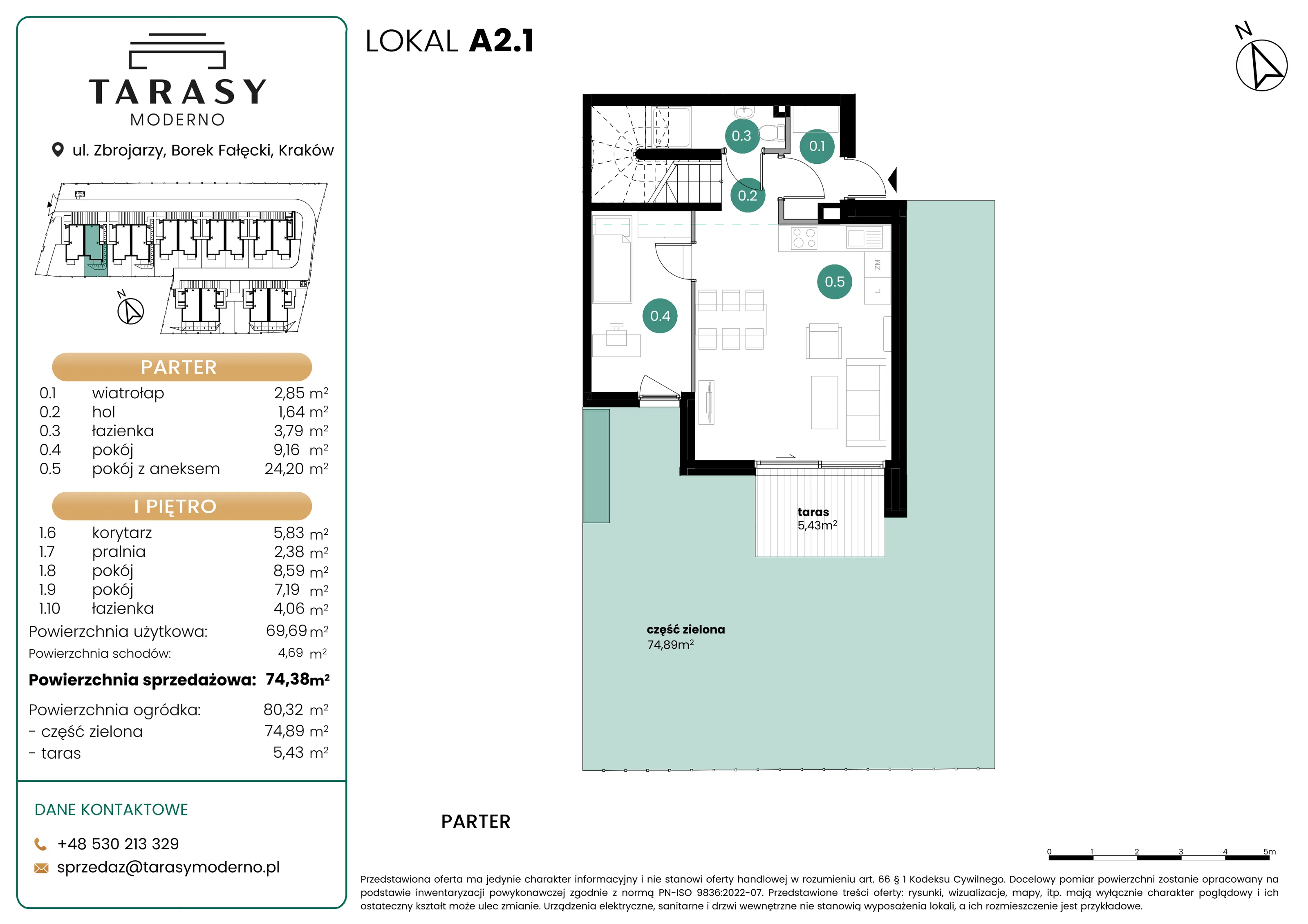 4 pokoje, mieszkanie 74,38 m², parter, oferta nr A2.1, Tarasy Moderno, Kraków, Łagiewniki-Borek Fałęcki, ul. Zbrojarzy