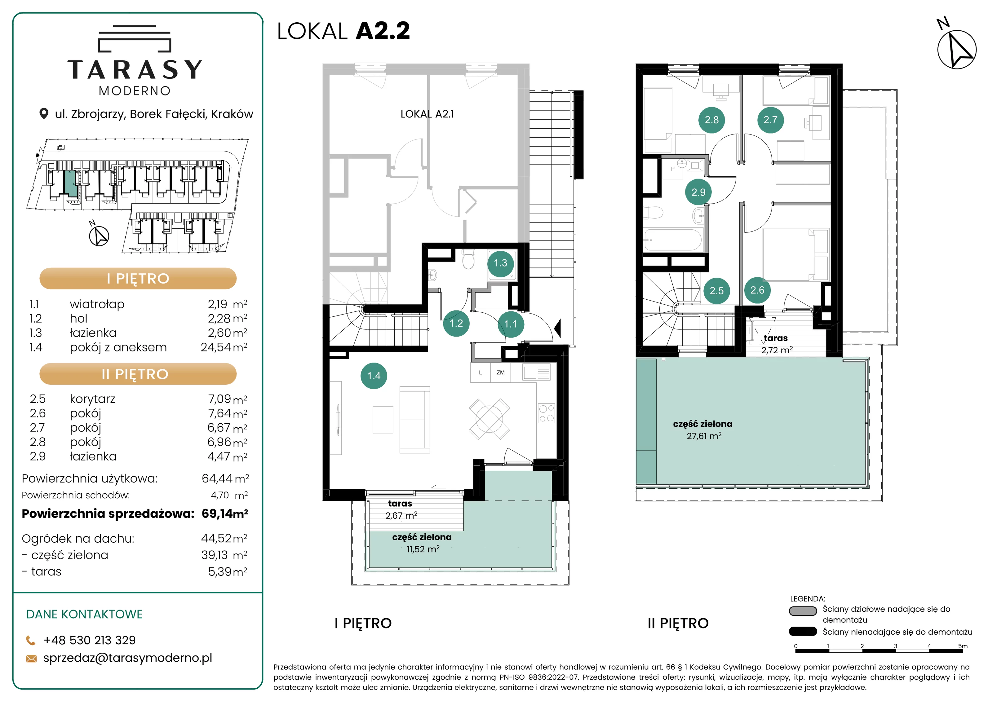 4 pokoje, mieszkanie 69,14 m², piętro 1, oferta nr A2.2, Tarasy Moderno, Kraków, Łagiewniki-Borek Fałęcki, ul. Zbrojarzy