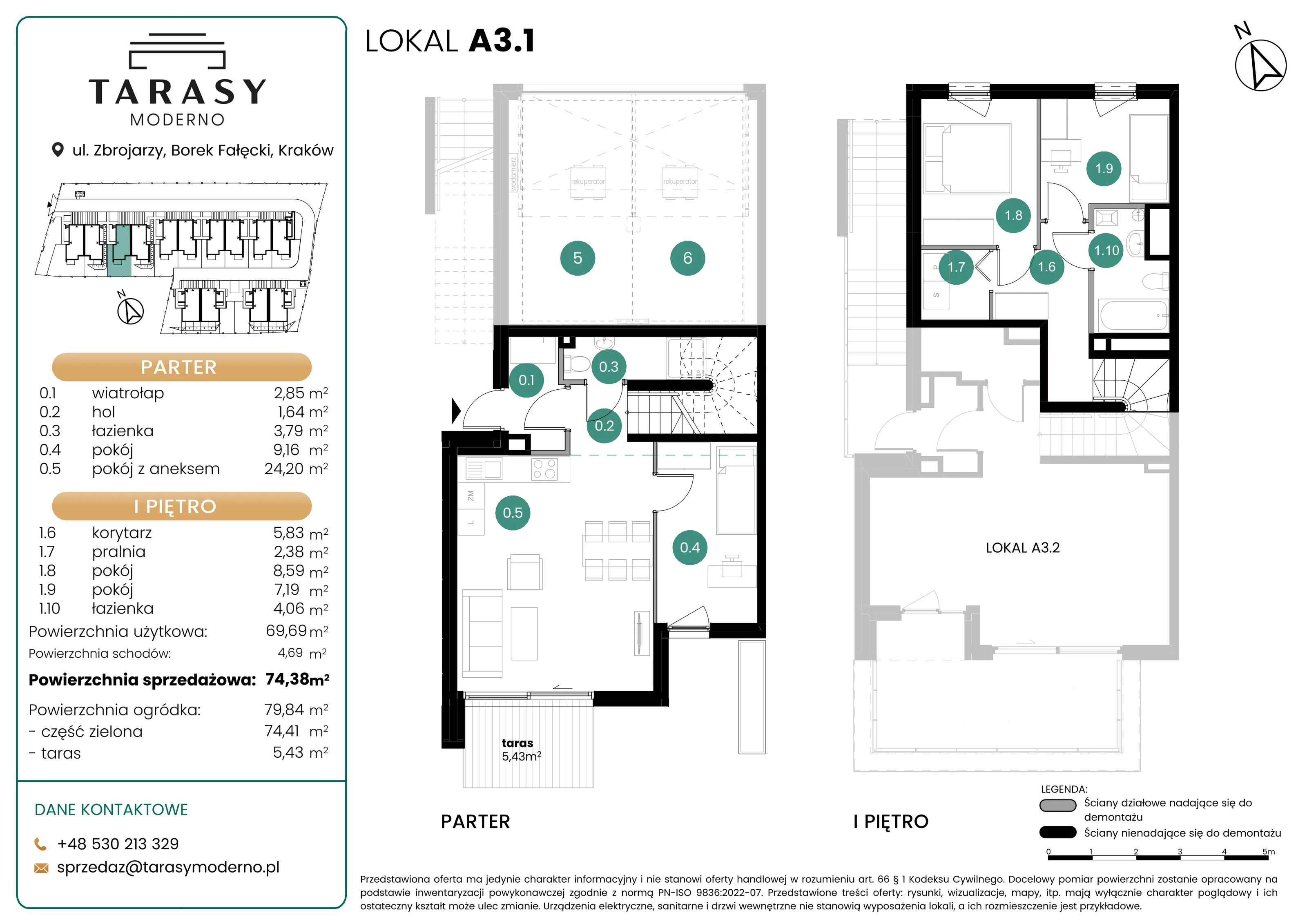 4 pokoje, mieszkanie 74,38 m², parter, oferta nr A3.1, Tarasy Moderno, Kraków, Łagiewniki-Borek Fałęcki, ul. Zbrojarzy