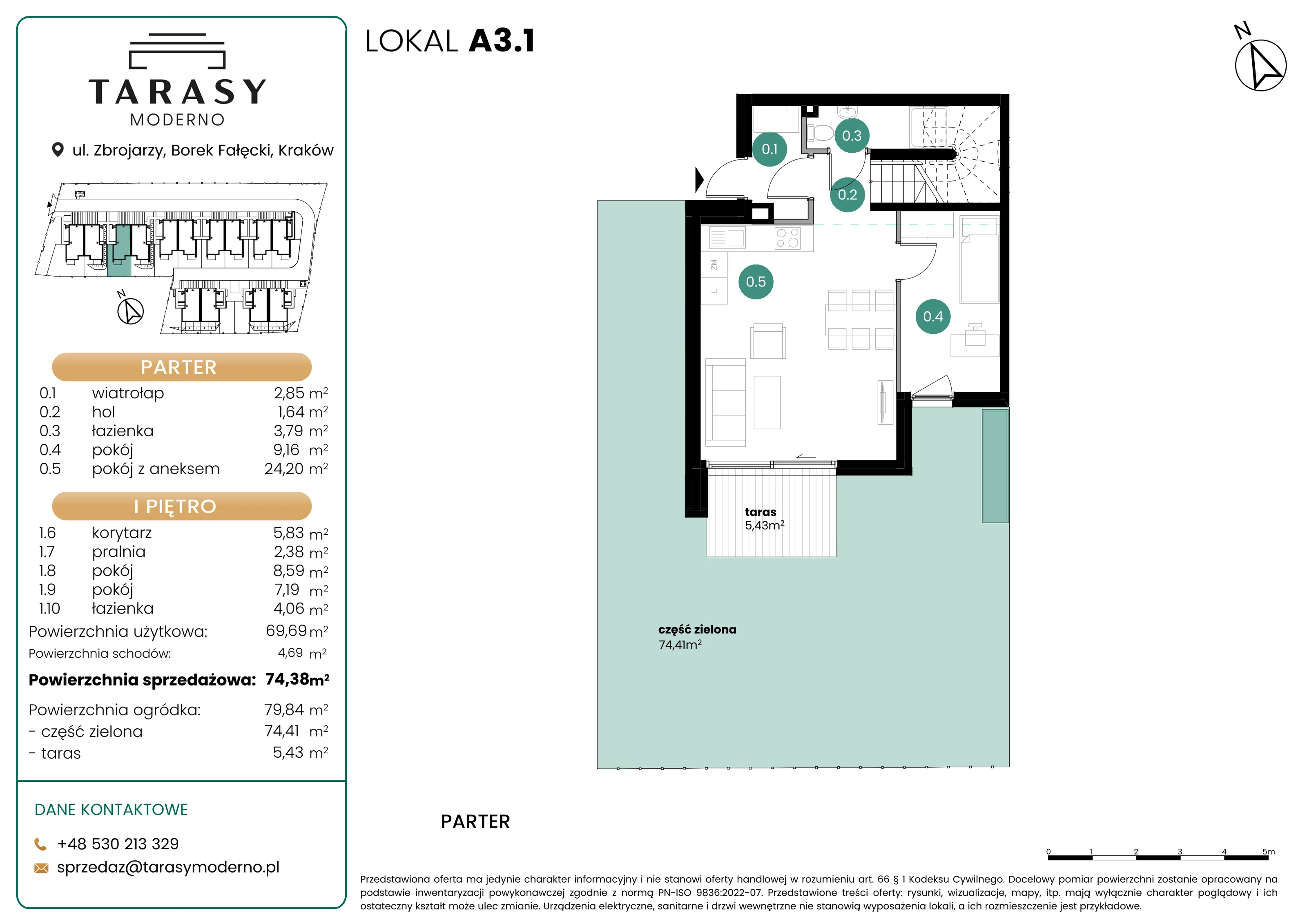 4 pokoje, mieszkanie 74,38 m², parter, oferta nr A3.1, Tarasy Moderno, Kraków, Łagiewniki-Borek Fałęcki, ul. Zbrojarzy