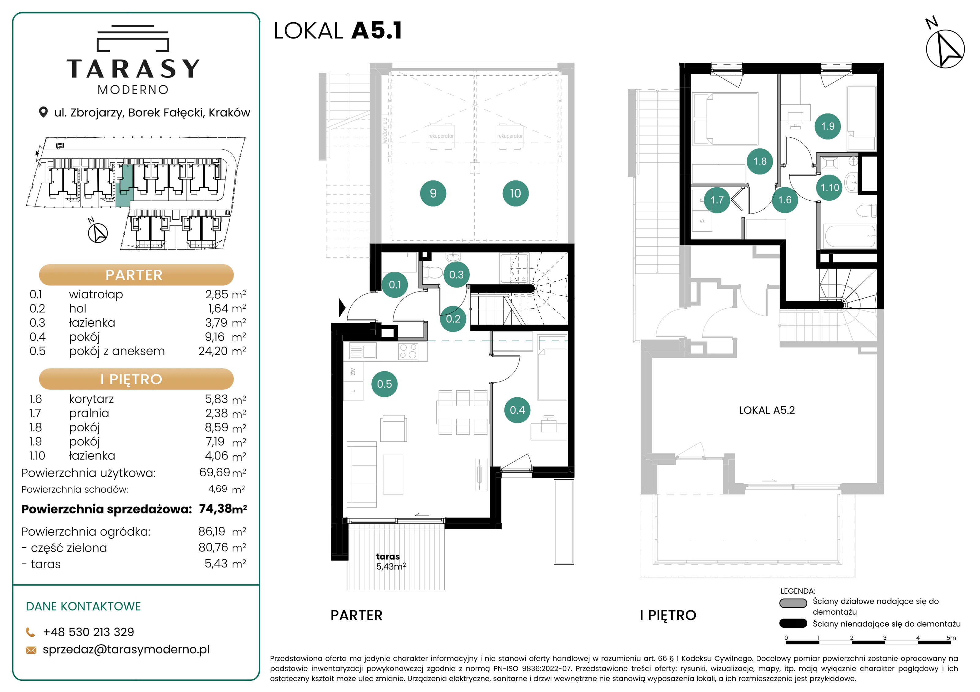 4 pokoje, mieszkanie 74,38 m², parter, oferta nr A5.1, Tarasy Moderno, Kraków, Łagiewniki-Borek Fałęcki, ul. Zbrojarzy