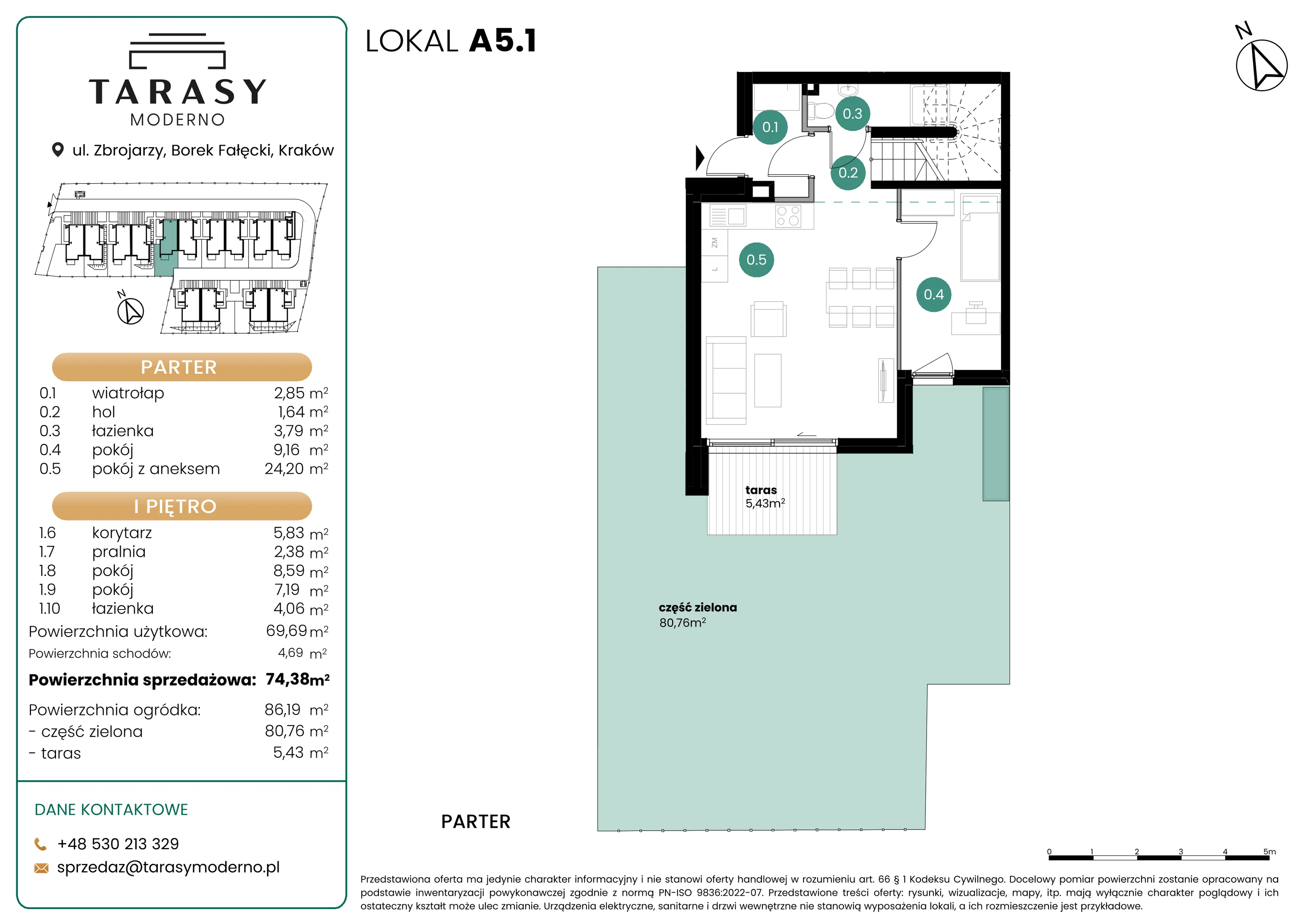 4 pokoje, mieszkanie 74,38 m², parter, oferta nr A5.1, Tarasy Moderno, Kraków, Łagiewniki-Borek Fałęcki, ul. Zbrojarzy