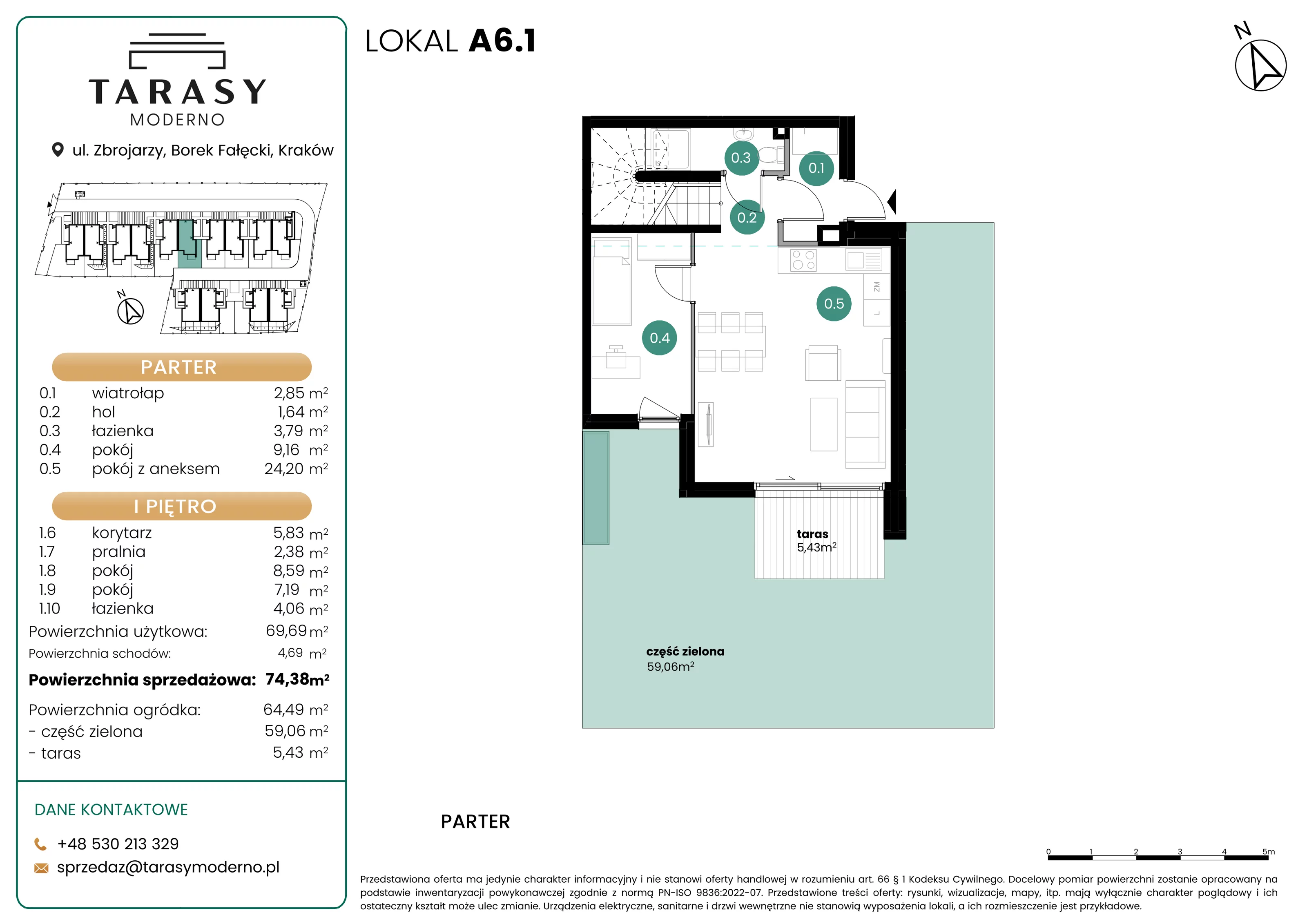 4 pokoje, mieszkanie 74,38 m², parter, oferta nr A6.1, Tarasy Moderno, Kraków, Łagiewniki-Borek Fałęcki, ul. Zbrojarzy