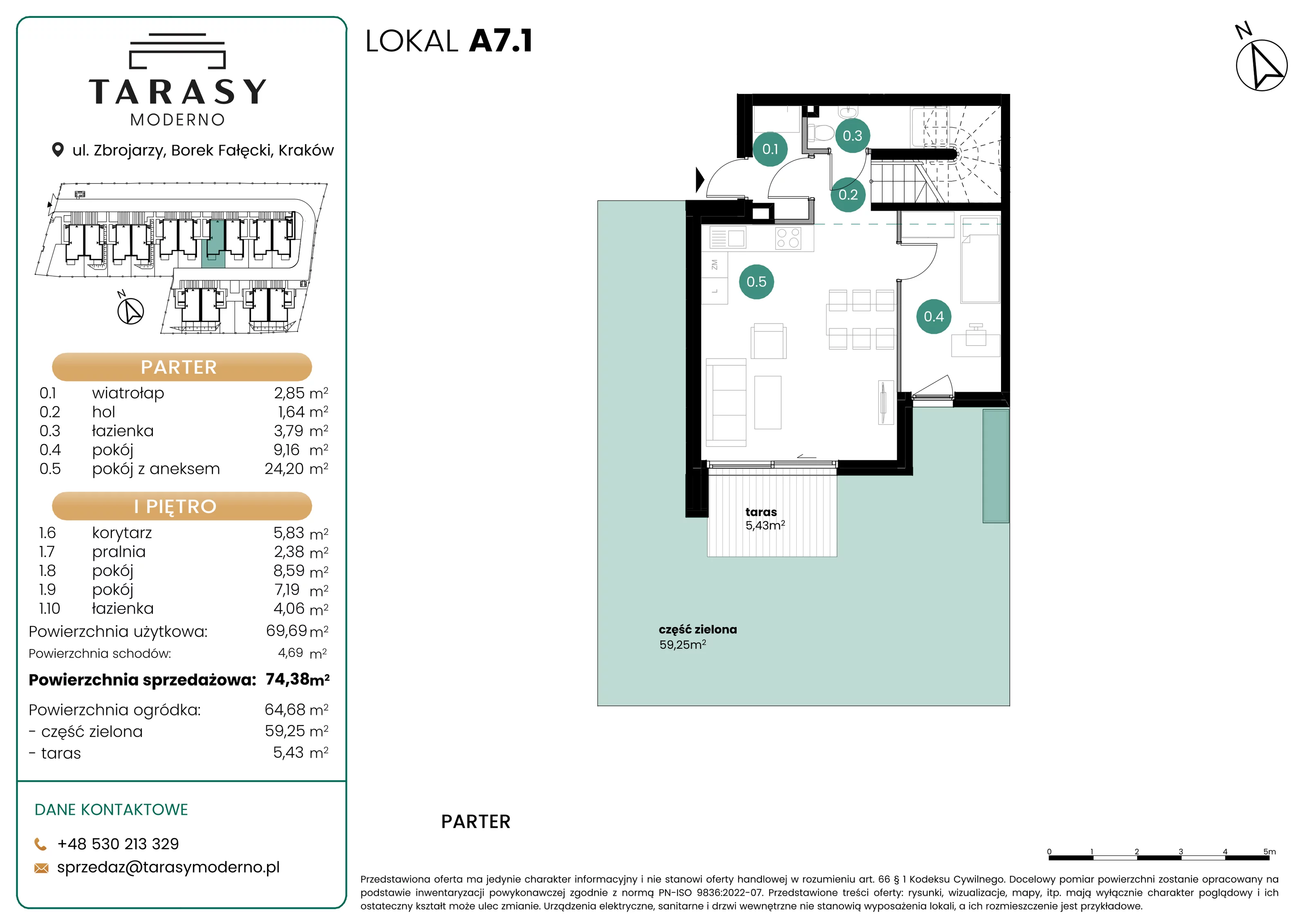 4 pokoje, mieszkanie 74,38 m², parter, oferta nr A7.1, Tarasy Moderno, Kraków, Łagiewniki-Borek Fałęcki, ul. Zbrojarzy