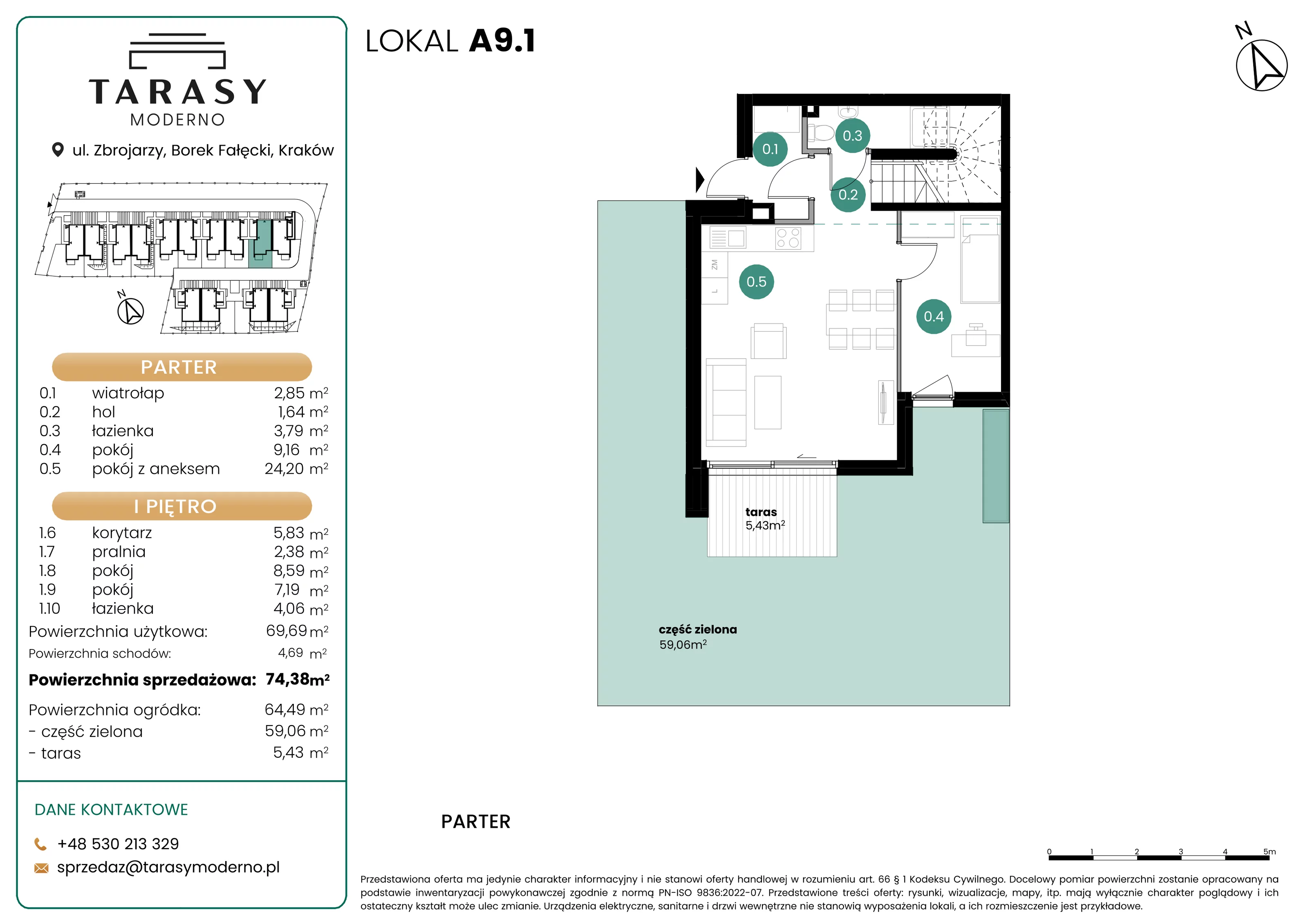 4 pokoje, mieszkanie 74,38 m², parter, oferta nr A9.1, Tarasy Moderno, Kraków, Łagiewniki-Borek Fałęcki, ul. Zbrojarzy