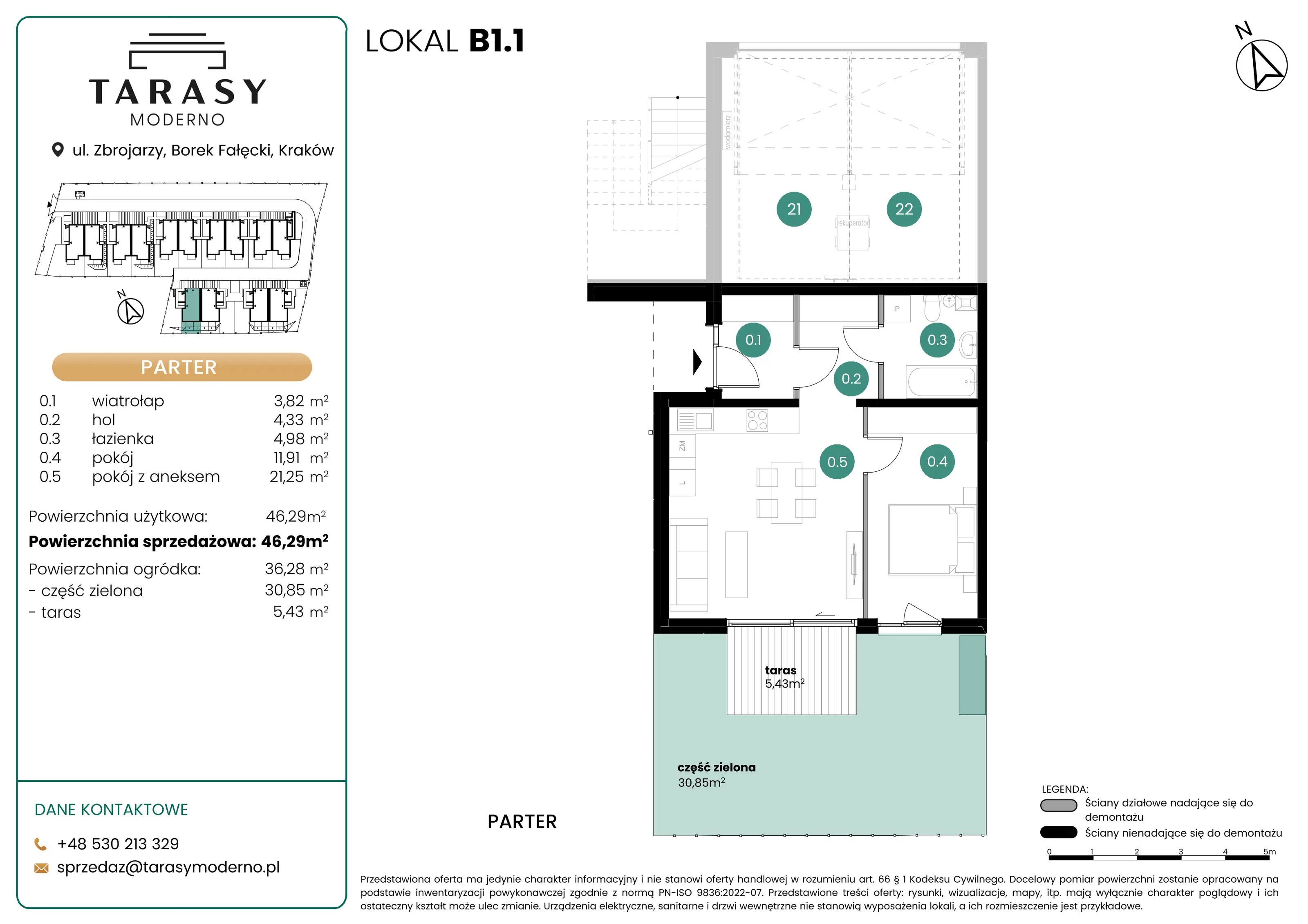 2 pokoje, mieszkanie 46,29 m², parter, oferta nr B1.1, Tarasy Moderno, Kraków, Łagiewniki-Borek Fałęcki, ul. Zbrojarzy