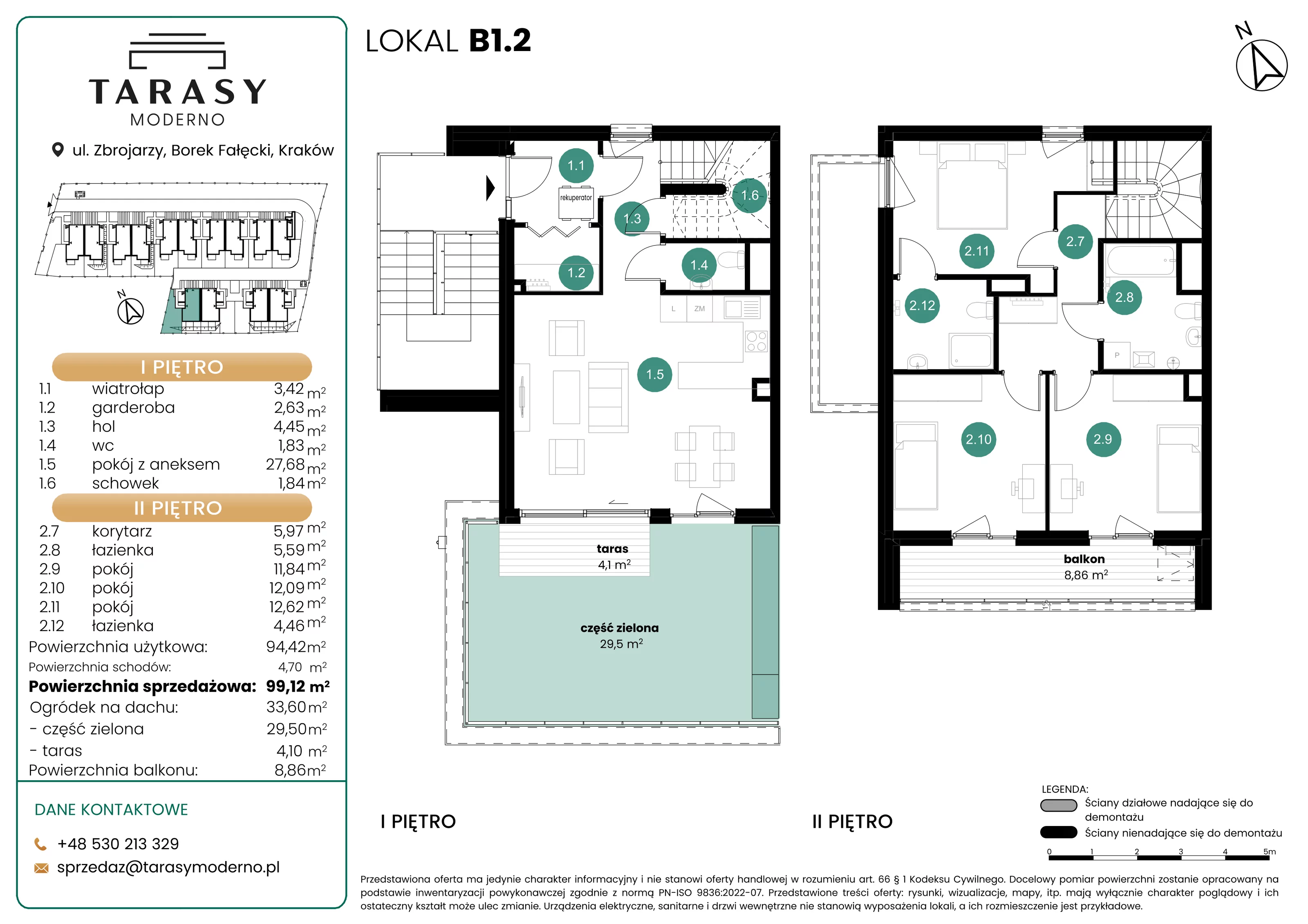 4 pokoje, mieszkanie 99,12 m², piętro 1, oferta nr B1.2, Tarasy Moderno, Kraków, Łagiewniki-Borek Fałęcki, ul. Zbrojarzy