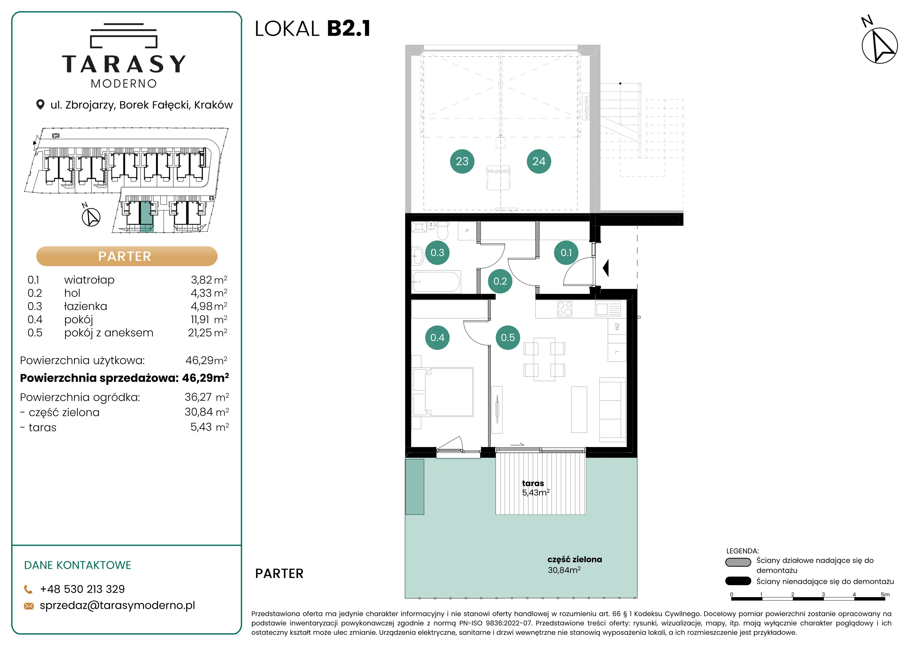 2 pokoje, mieszkanie 46,29 m², parter, oferta nr B2.1, Tarasy Moderno, Kraków, Łagiewniki-Borek Fałęcki, ul. Zbrojarzy