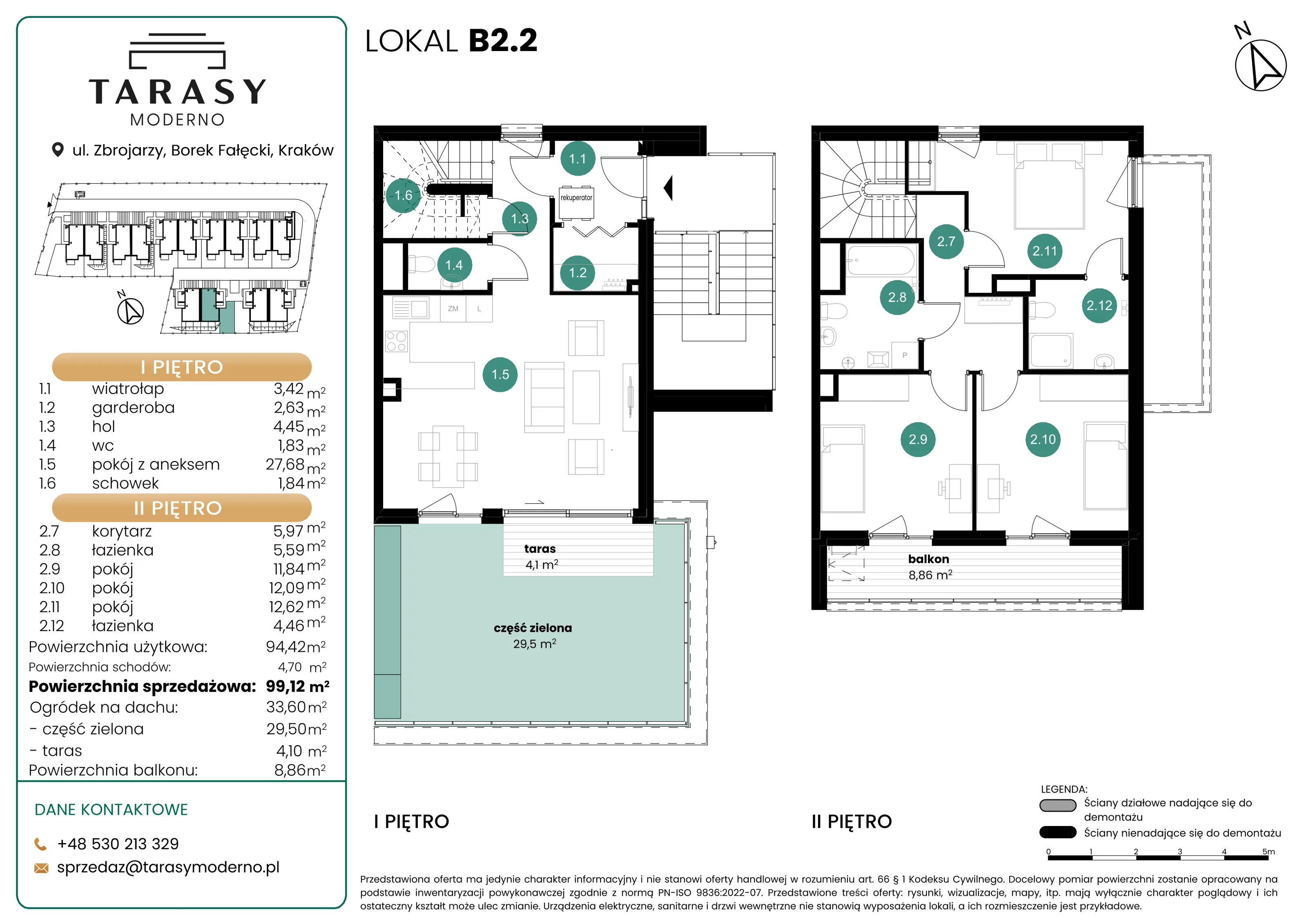 4 pokoje, mieszkanie 99,12 m², piętro 1, oferta nr B2.2, Tarasy Moderno, Kraków, Łagiewniki-Borek Fałęcki, ul. Zbrojarzy