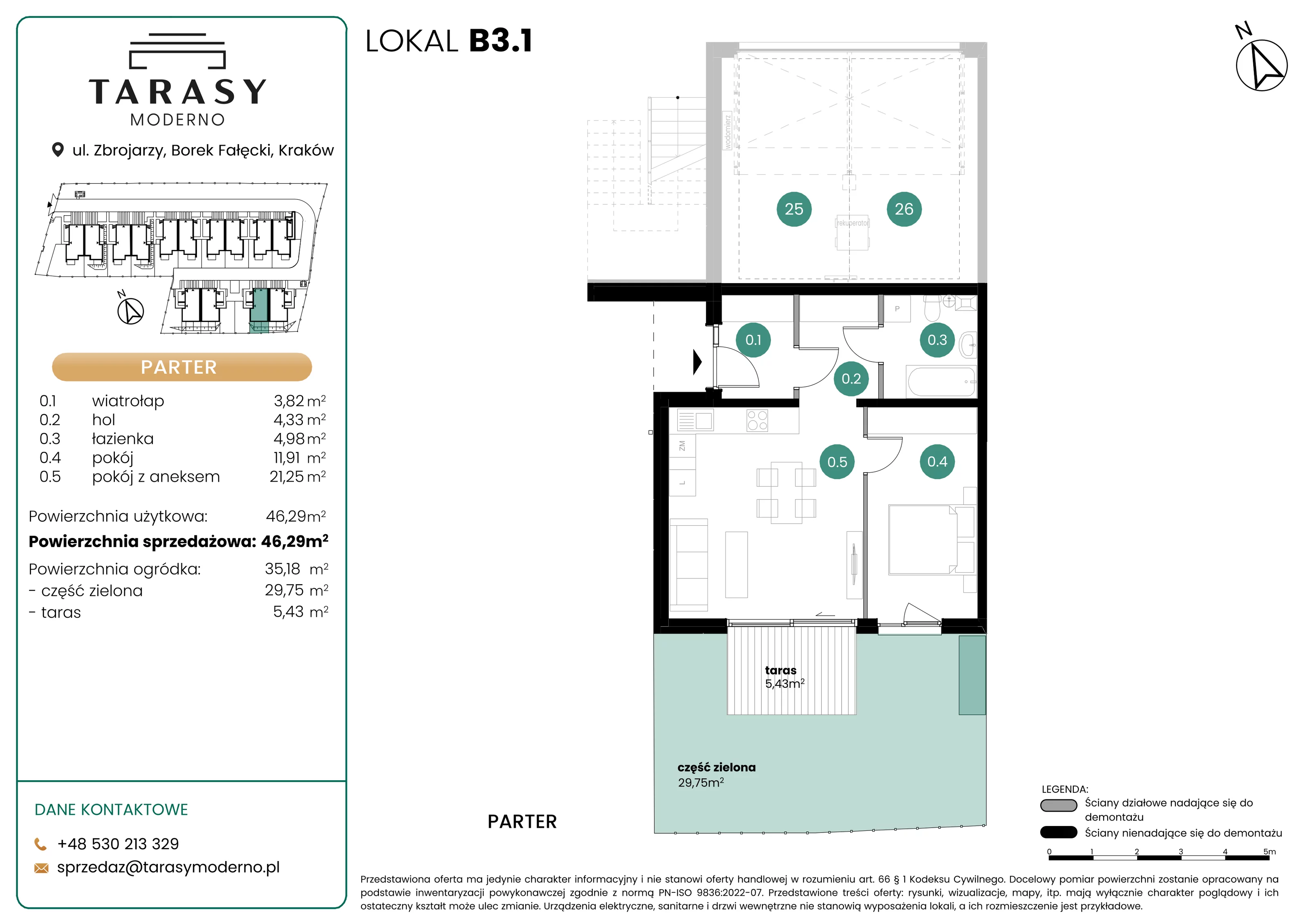 2 pokoje, mieszkanie 46,29 m², parter, oferta nr B3.1, Tarasy Moderno, Kraków, Łagiewniki-Borek Fałęcki, ul. Zbrojarzy