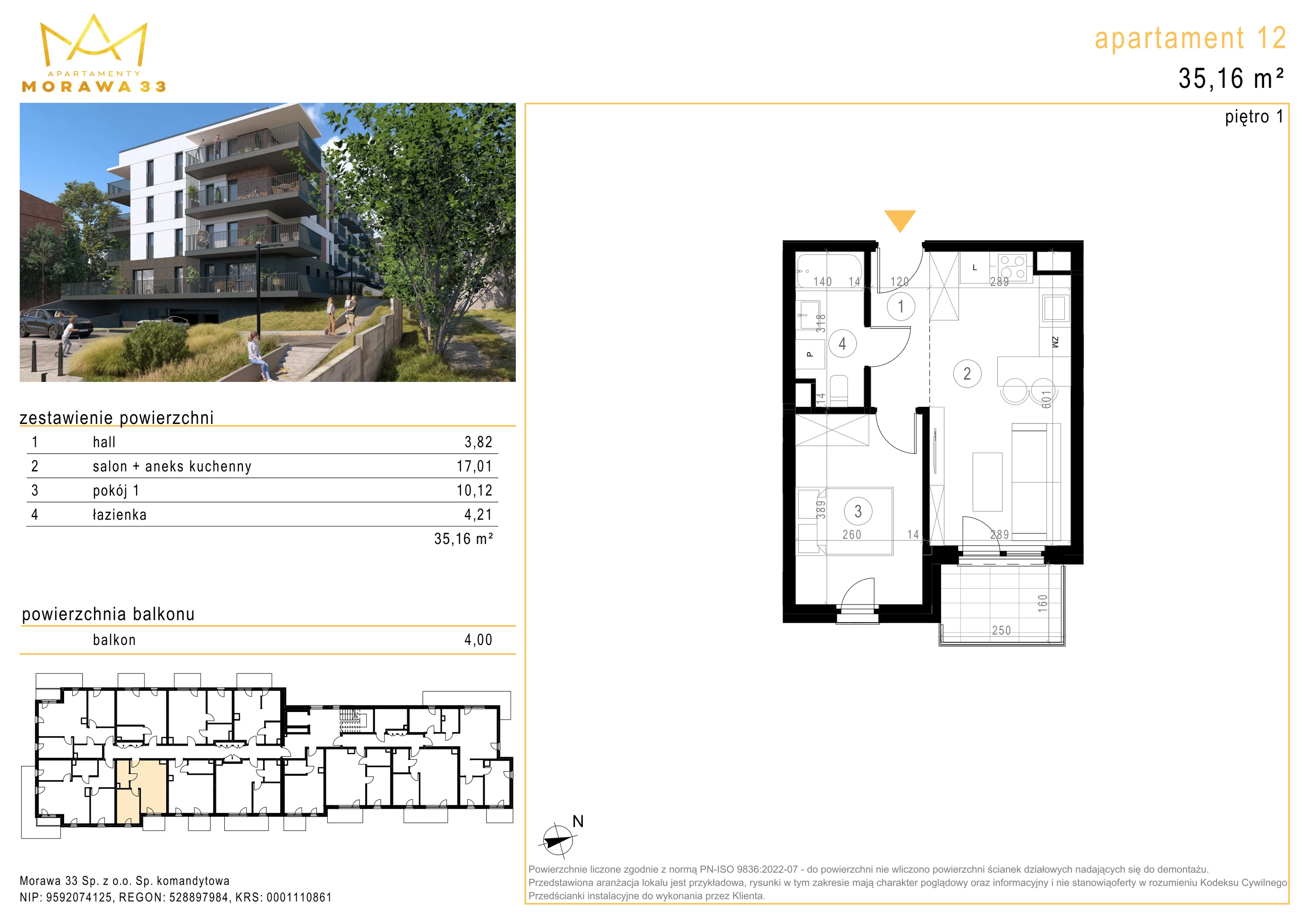 Mieszkanie 35,16 m², piętro 1, oferta nr 12, Morawa 33, Katowice, Szopienice-Burowiec, ul. Morawa 33