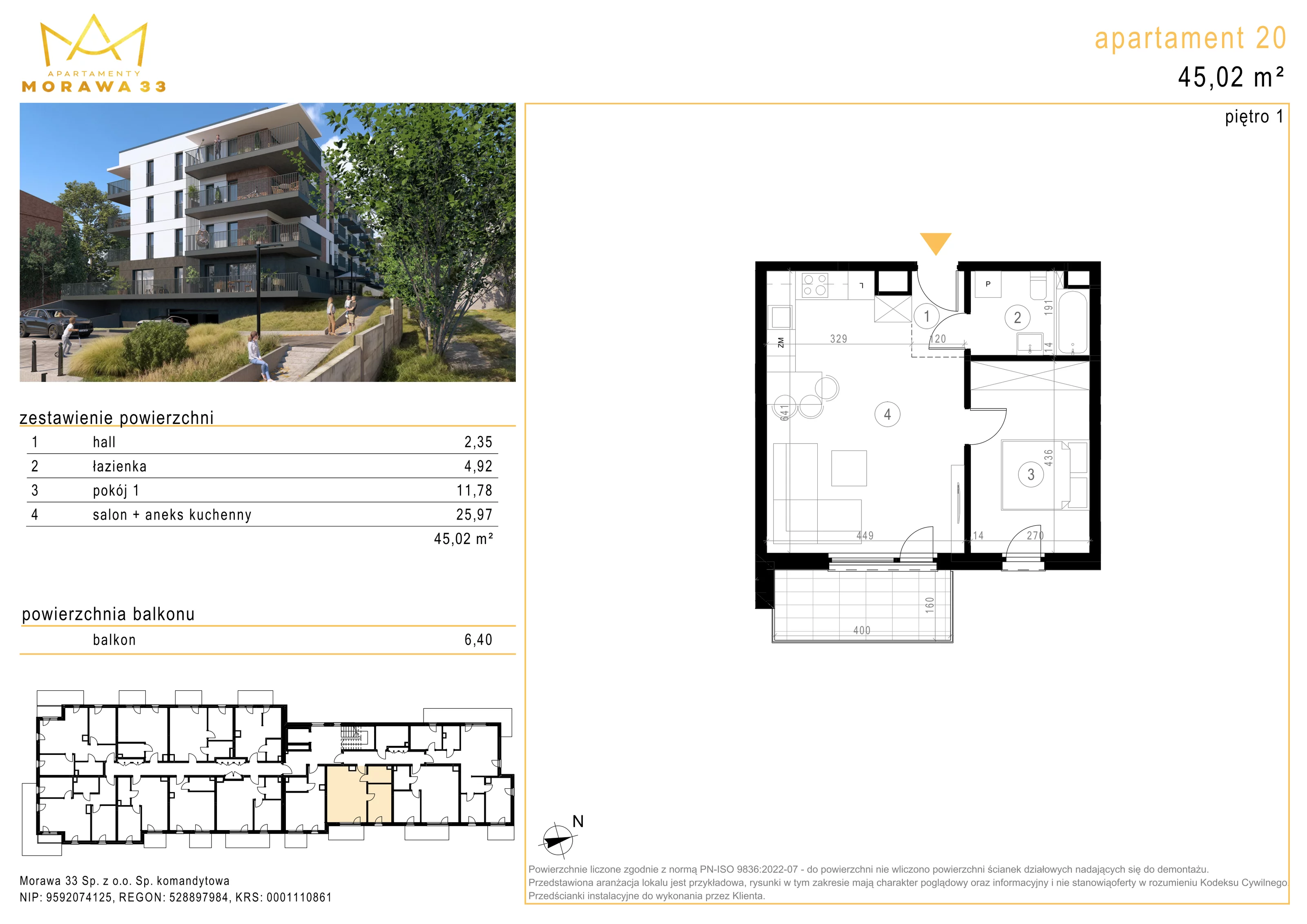 Mieszkanie 45,02 m², piętro 1, oferta nr 20, Morawa 33, Katowice, Szopienice-Burowiec, ul. Morawa 33