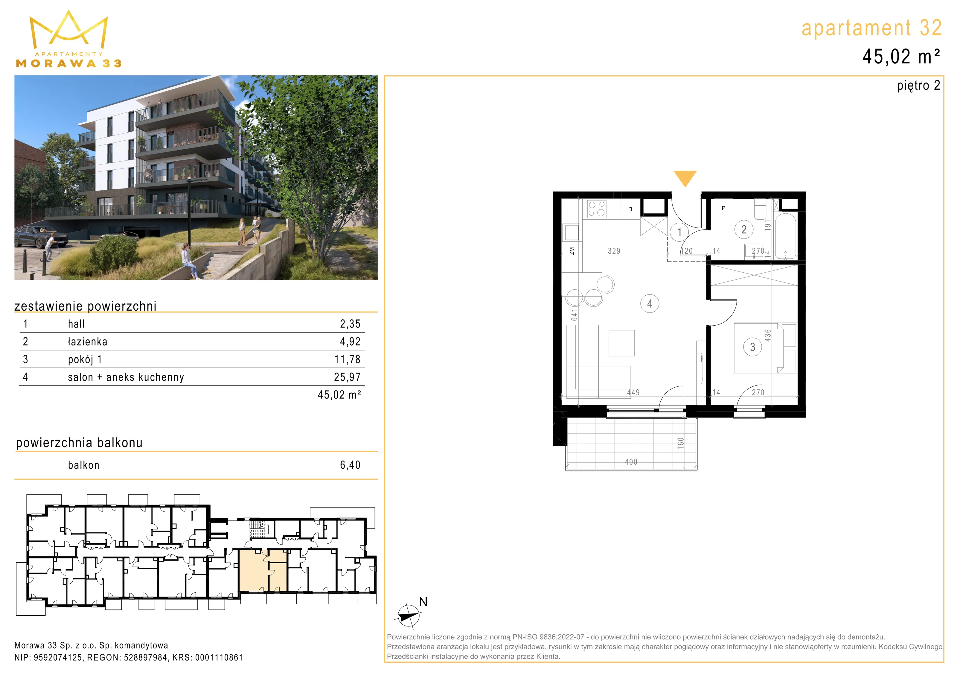 Mieszkanie 45,02 m², piętro 2, oferta nr 32, Morawa 33, Katowice, Szopienice-Burowiec, ul. Morawa 33