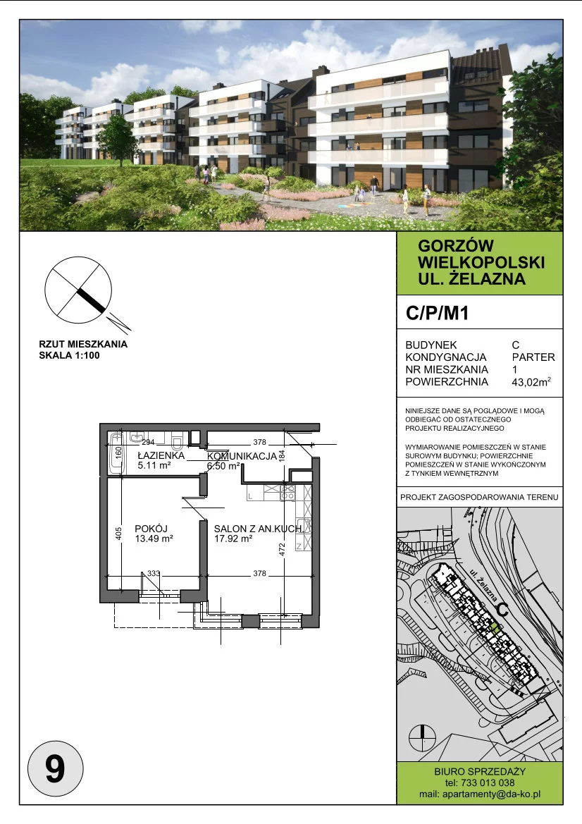 Mieszkanie 43,02 m², parter, oferta nr C1, DA-KO Apartamenty, Gorzów Wielkopolski, ul. Żelazna