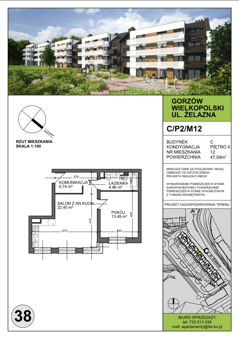 Mieszkanie 47,59 m², piętro 2, oferta nr C12, DA-KO Apartamenty, Gorzów Wielkopolski, ul. Żelazna