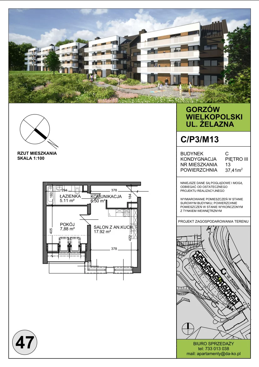 Mieszkanie 37,41 m², piętro 3, oferta nr C13, DA-KO Apartamenty, Gorzów Wielkopolski, ul. Żelazna