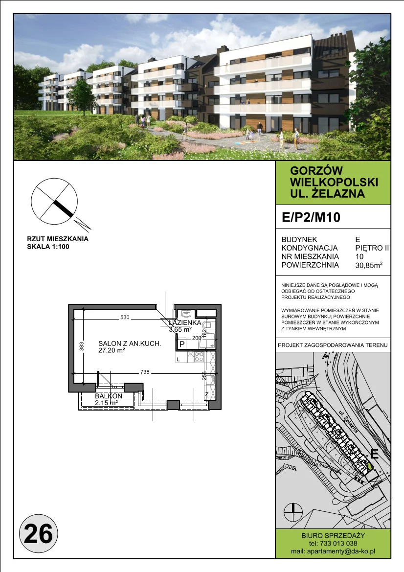 Mieszkanie 30,85 m², piętro 2, oferta nr E10, DA-KO Apartamenty, Gorzów Wielkopolski, ul. Żelazna