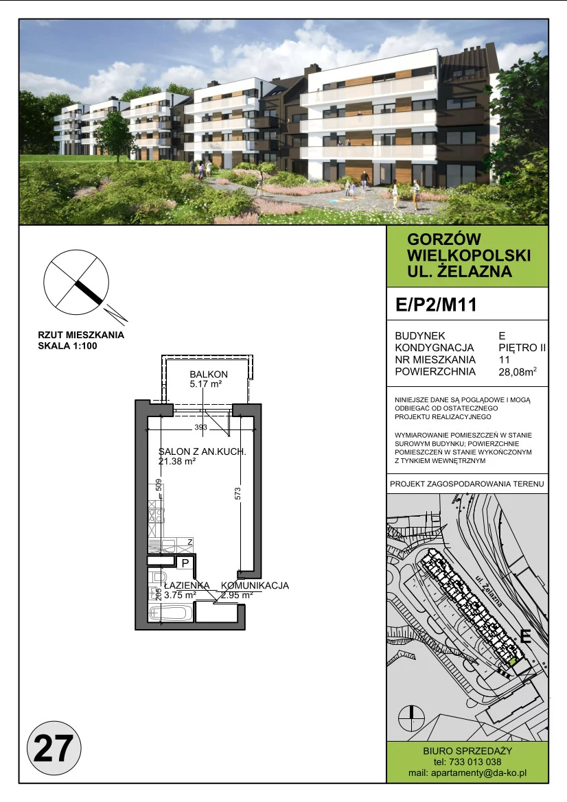 Mieszkanie 28,08 m², piętro 2, oferta nr E11, DA-KO Apartamenty, Gorzów Wielkopolski, ul. Żelazna