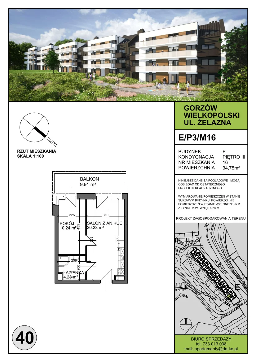 Mieszkanie 34,75 m², piętro 3, oferta nr E16, DA-KO Apartamenty, Gorzów Wielkopolski, ul. Żelazna