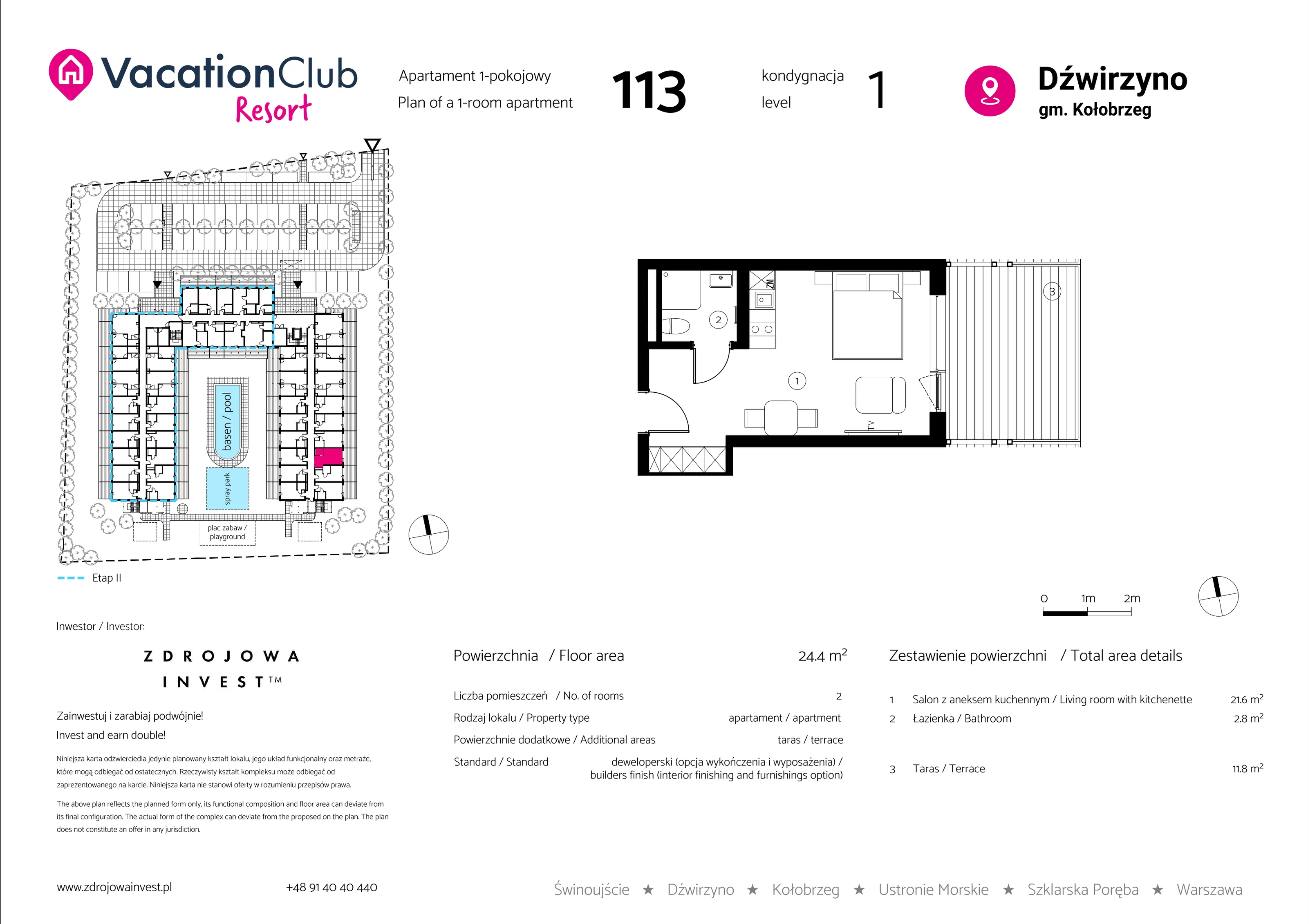 Apartament 24,40 m², parter, oferta nr 113, Vacation Club Resort - apartamenty wakacyjne, Dźwirzyno, ul. Wczasowa 8