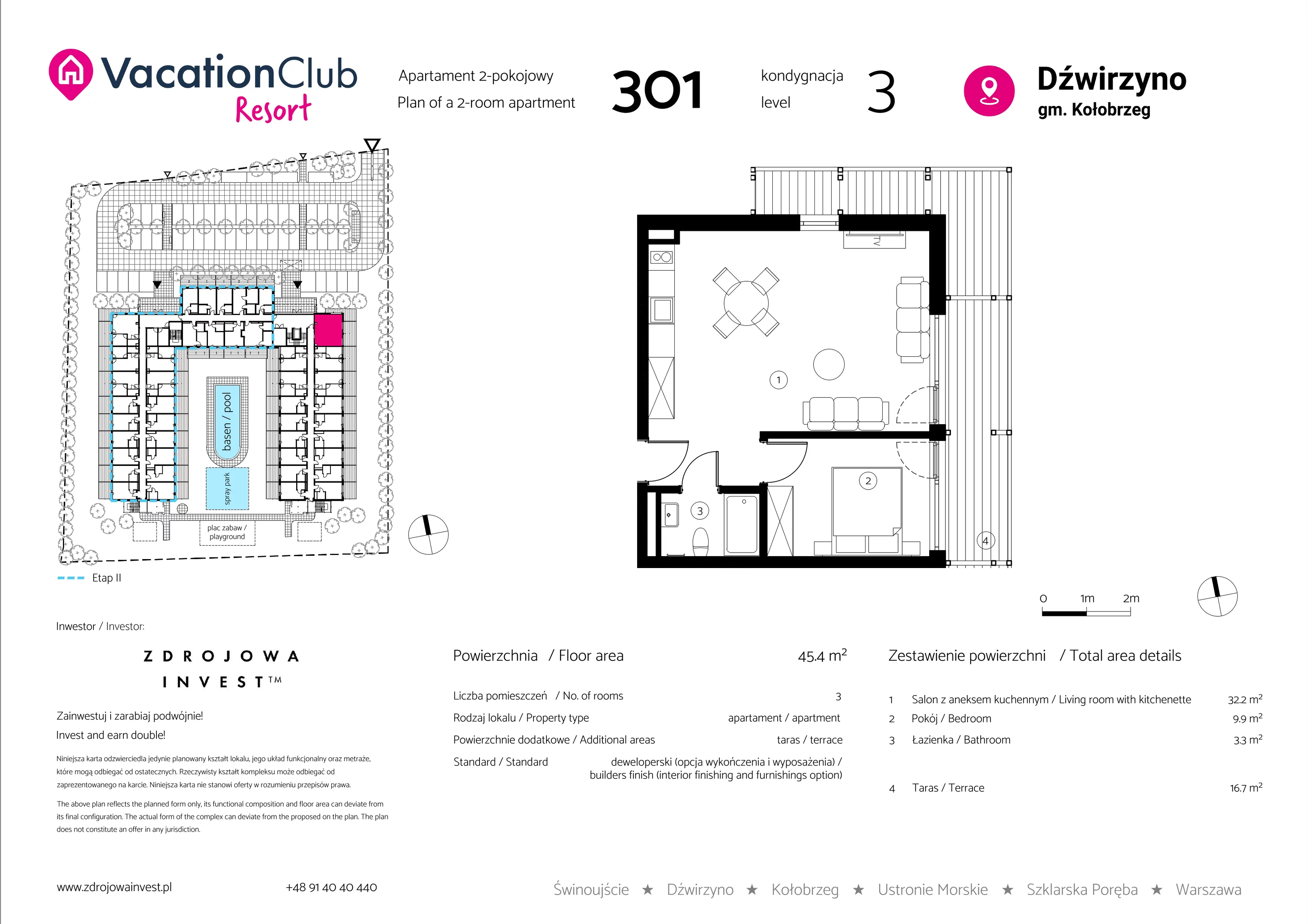 2 pokoje, apartament 45,40 m², piętro 2, oferta nr 301, Vacation Club Resort - apartamenty wakacyjne, Dźwirzyno, ul. Wczasowa 8