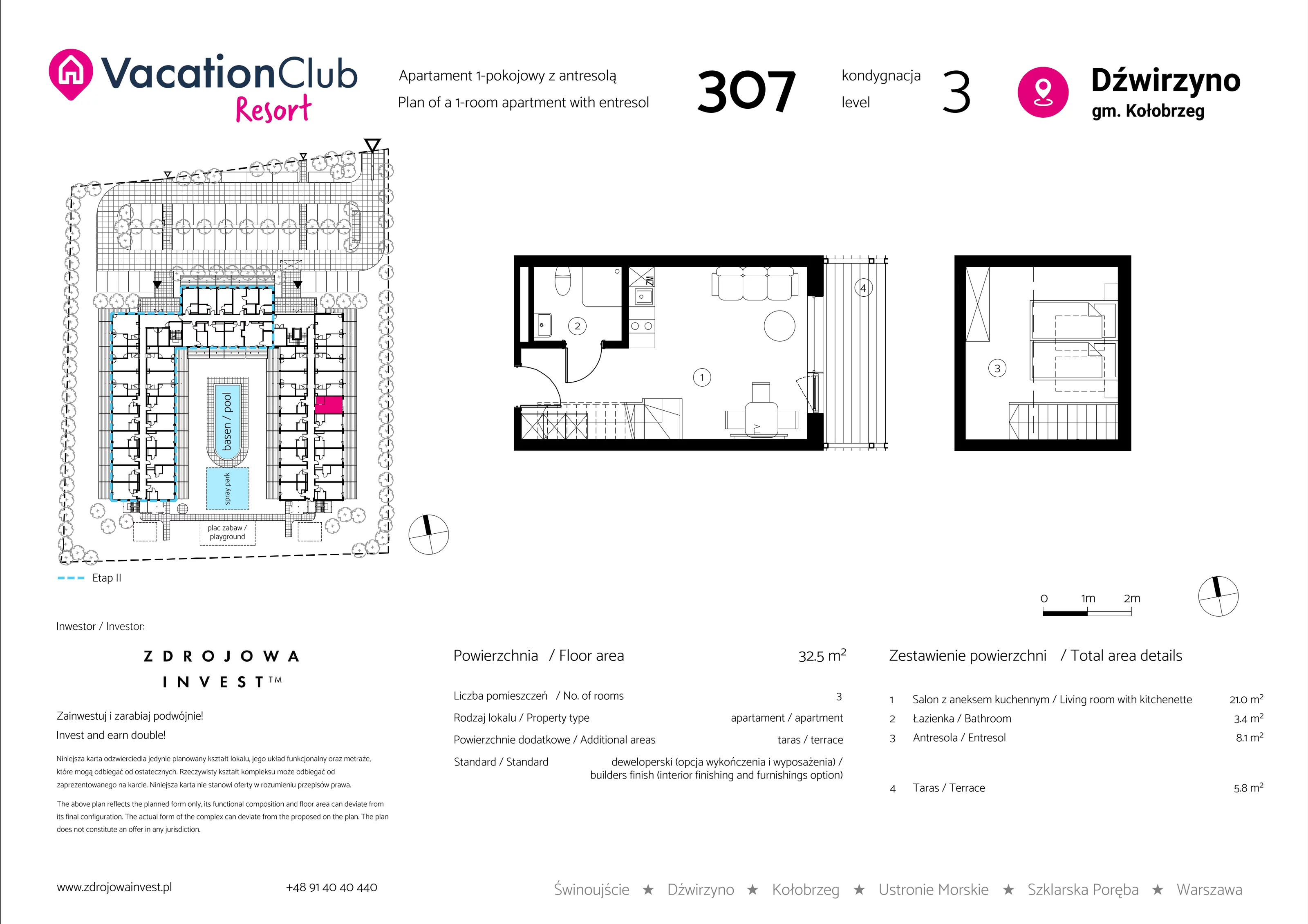 Apartament 32,50 m², piętro 2, oferta nr 307, Vacation Club Resort - apartamenty wakacyjne, Dźwirzyno, ul. Wczasowa 8