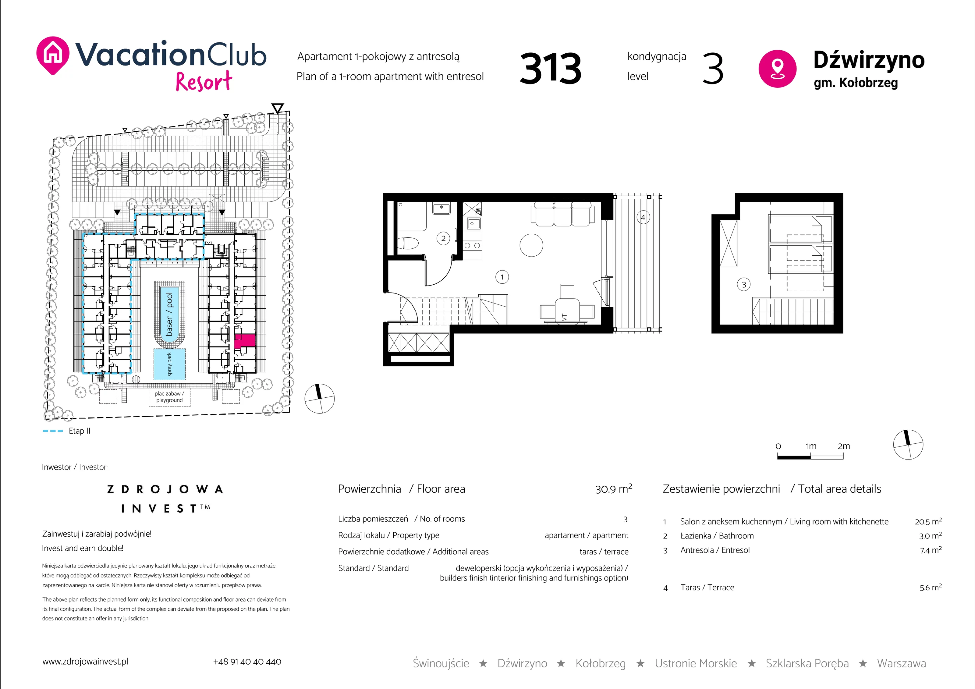 Apartament 30,90 m², piętro 2, oferta nr 313, Vacation Club Resort - apartamenty wakacyjne, Dźwirzyno, ul. Wczasowa 8