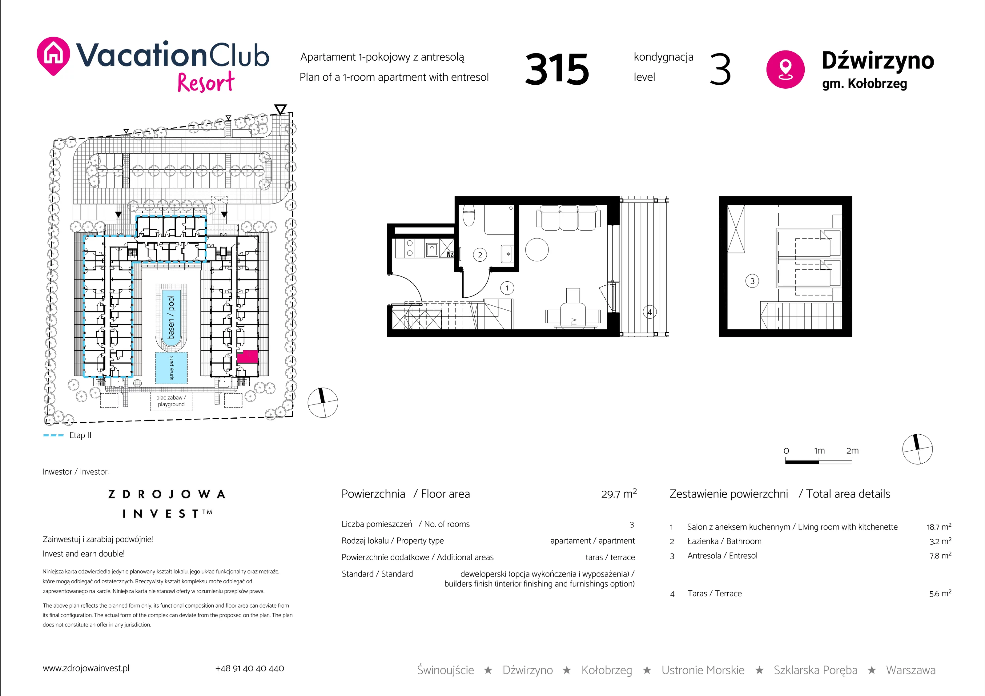 Apartament 29,70 m², piętro 2, oferta nr 315, Vacation Club Resort - apartamenty wakacyjne, Dźwirzyno, ul. Wczasowa 8