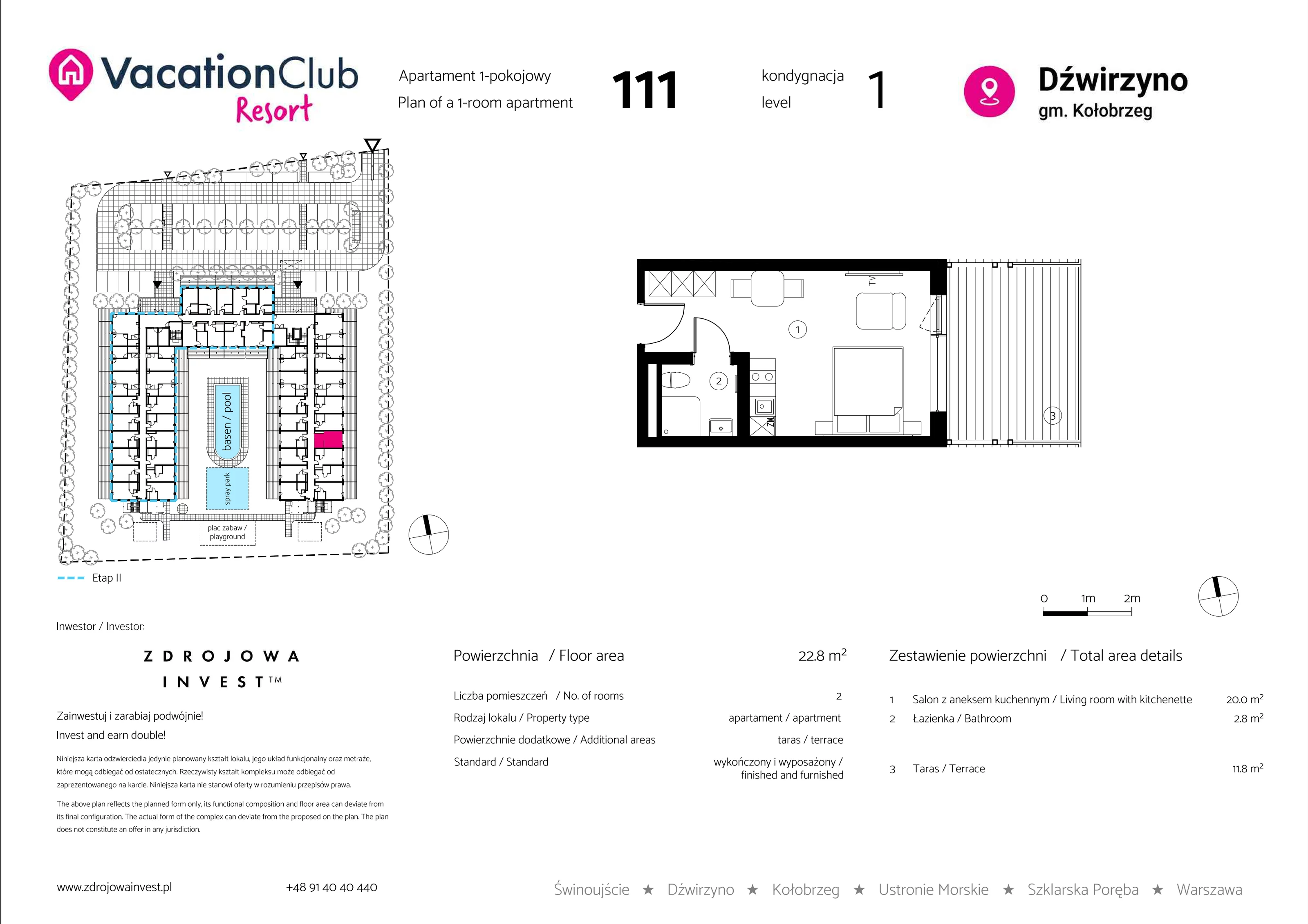 Apartament 22,80 m², parter, oferta nr 111, Vacation Club Resort - apartamenty wakacyjne, Dźwirzyno, ul. Wczasowa 8