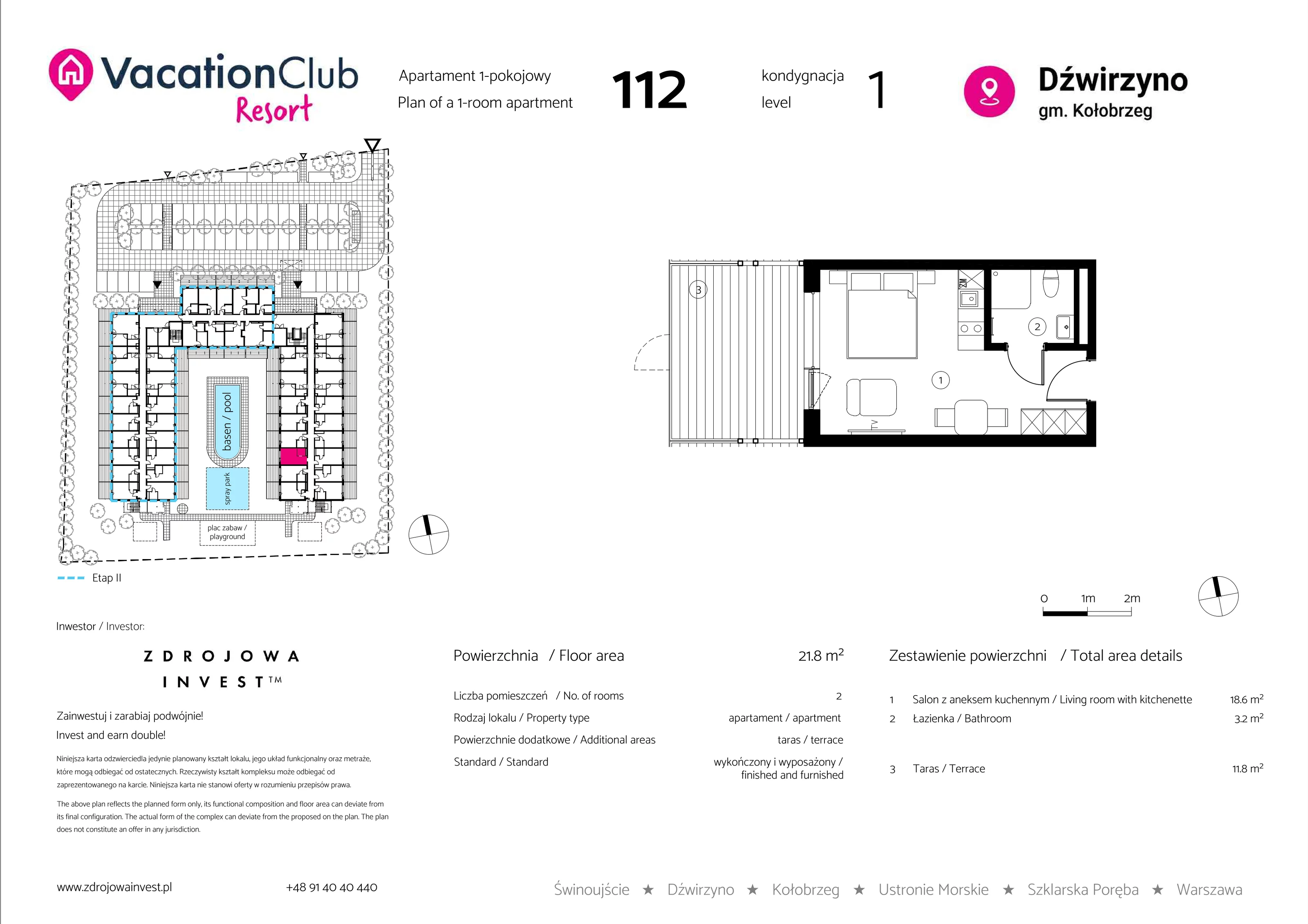 Apartament 21,80 m², parter, oferta nr 112, Vacation Club Resort - apartamenty wakacyjne, Dźwirzyno, ul. Wczasowa 8